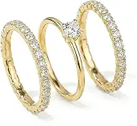Kit Trio de Anéis Femininos Banhados a Ouro 18k, Solitário com Zircônia e 2 Aparadores Cravejados com Strass