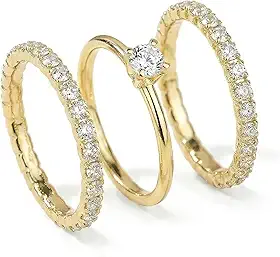 Kit Trio de Anéis Femininos Banhados a Ouro 18k, Solitário com Zircônia e 2 Aparadores Cravejados com Strass