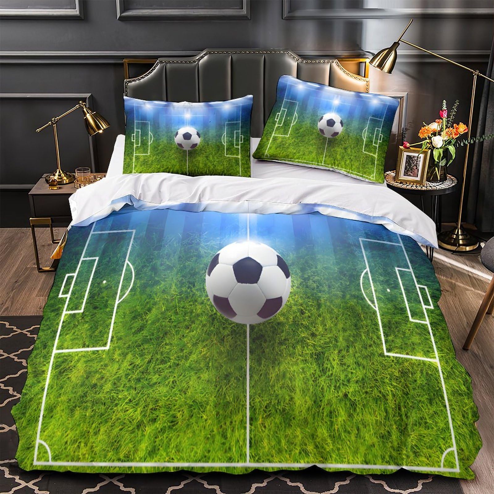 MMDASBVPE Soccer Field Design Quilt Cover 3D Print Extra Soft 3PCs Bed Linen Hidden Zipper Comforter Cover Premium Wrinkle-Resistant for Adults Teens Women Kids Girls Boys Super king（260x220cm）
