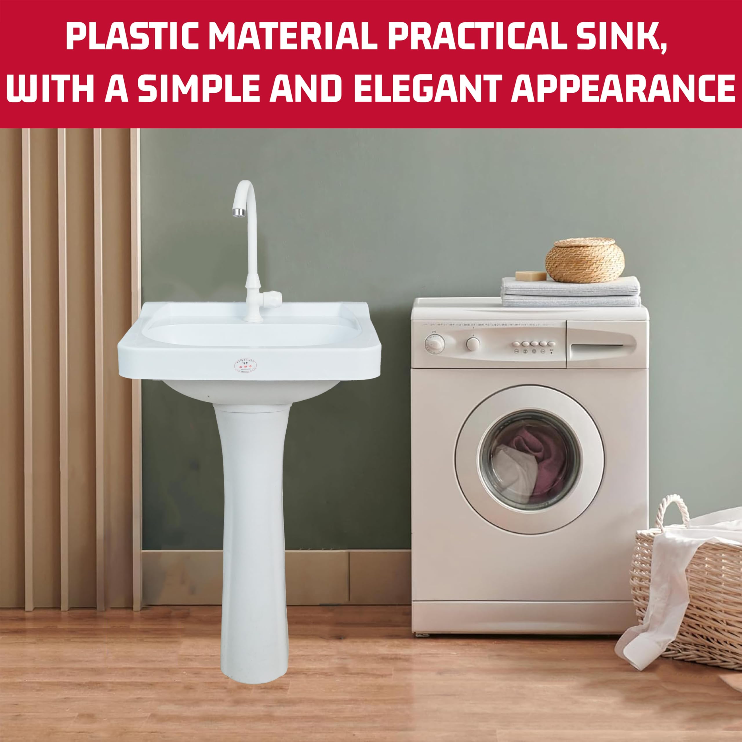 Fregadero de pedestal de plástico pequeño para baño, 19.6 x 15.3 x 31.5 pulgadas de alto, instalación sin taladro, lavabo autoadhesivo con agujero para grifo para lavabo, lavabo, columna, lavabo