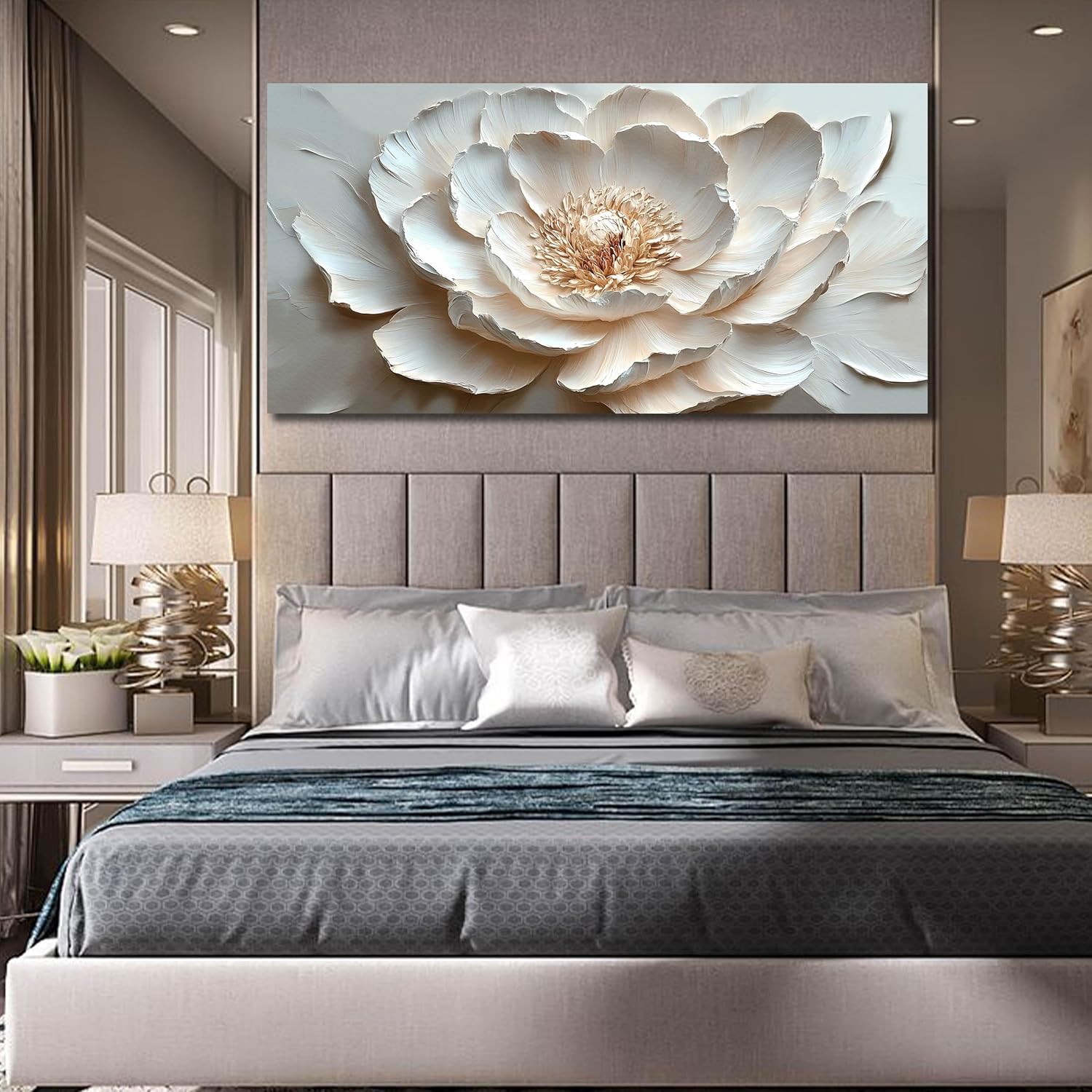 White and Pink Flower Wall Art for Living Room - Large Modern Wall Art Bedroom - Floral Bedroom Wall Decor for Teen Girls Size 29 x 59