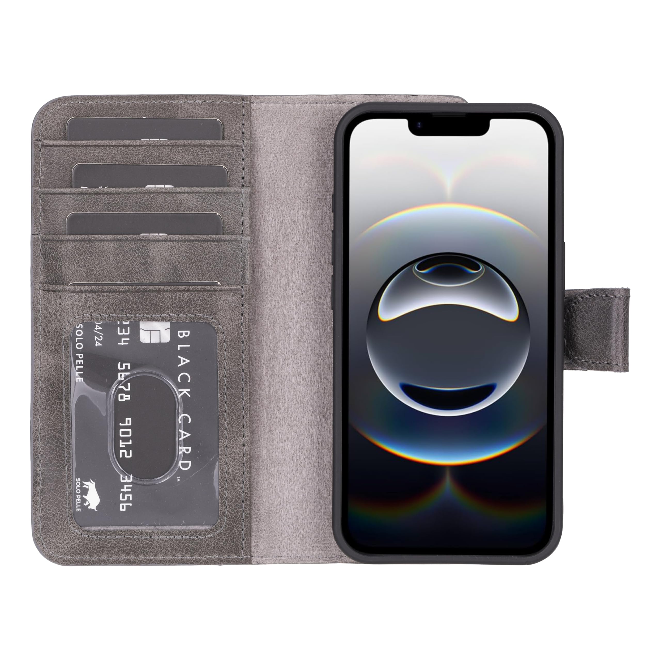 Solo Pelle Lederhülle kompatibel für iPhone 16e in 6.1 Zoll abnehmbare Hülle (2in1) inkl. Kartenfächer geeignet für MagSafe Zubehör (Steingrau)