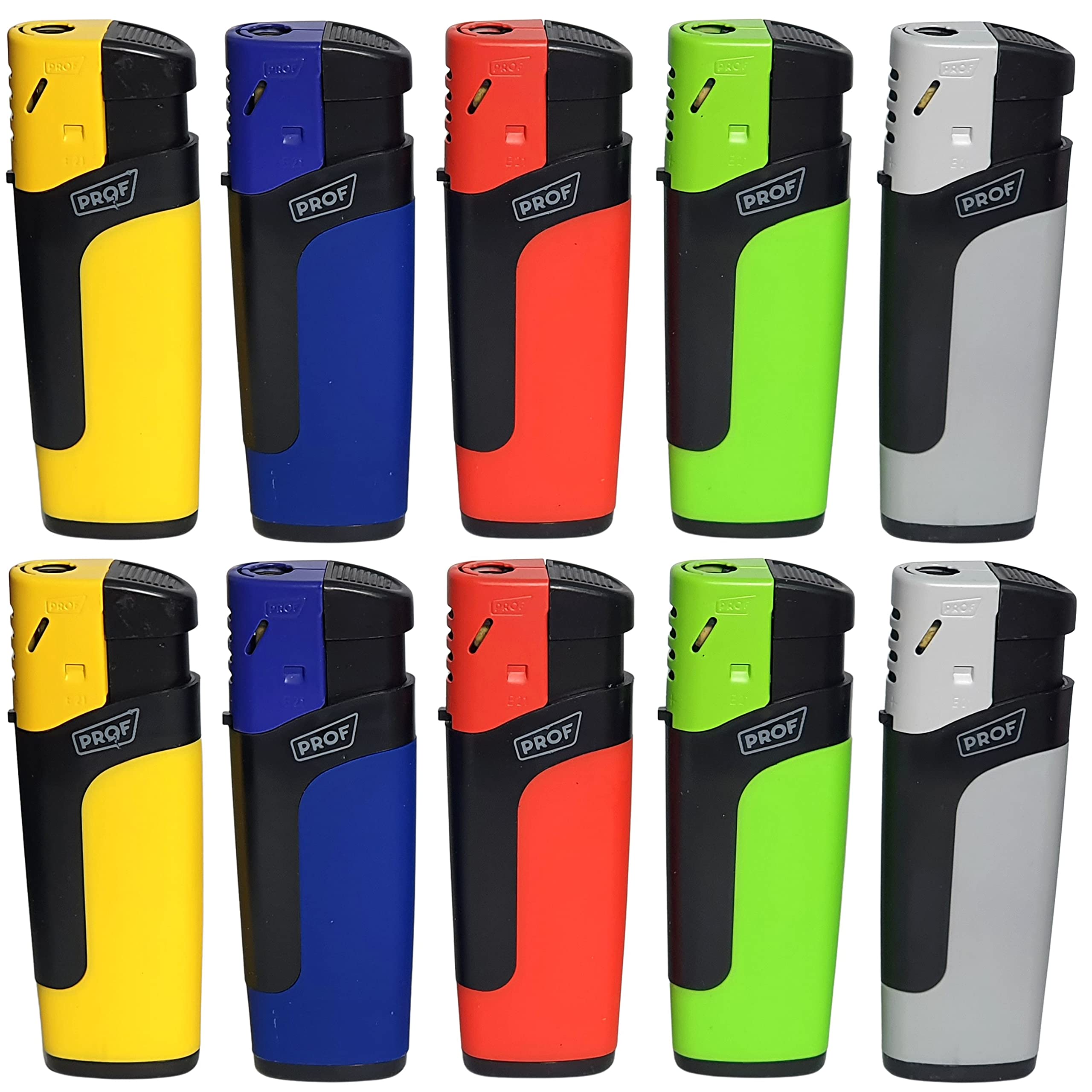 Zactly Orignal PROF Windproof Lighters Electronic Jet Flame Bright Multi Classic Colours Maxi Size Colour Full Set Gas Refillable (10)