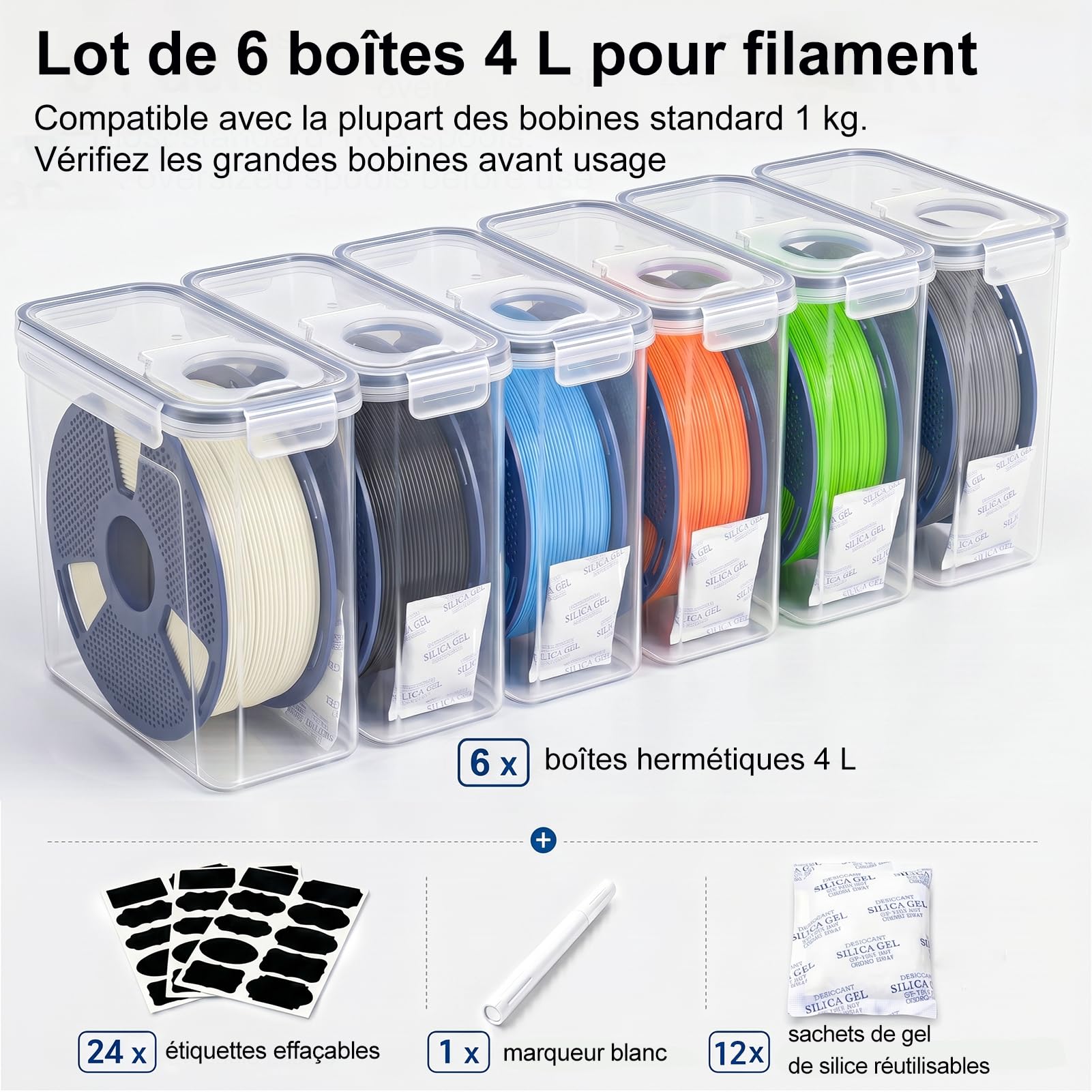 Boîtes de rangement pour filament 3D, lot de 6, Dry Box hermétiques 4,0 L avec gel de silice réutilisable, pour bobines de 1 kg PLA PETG TPU