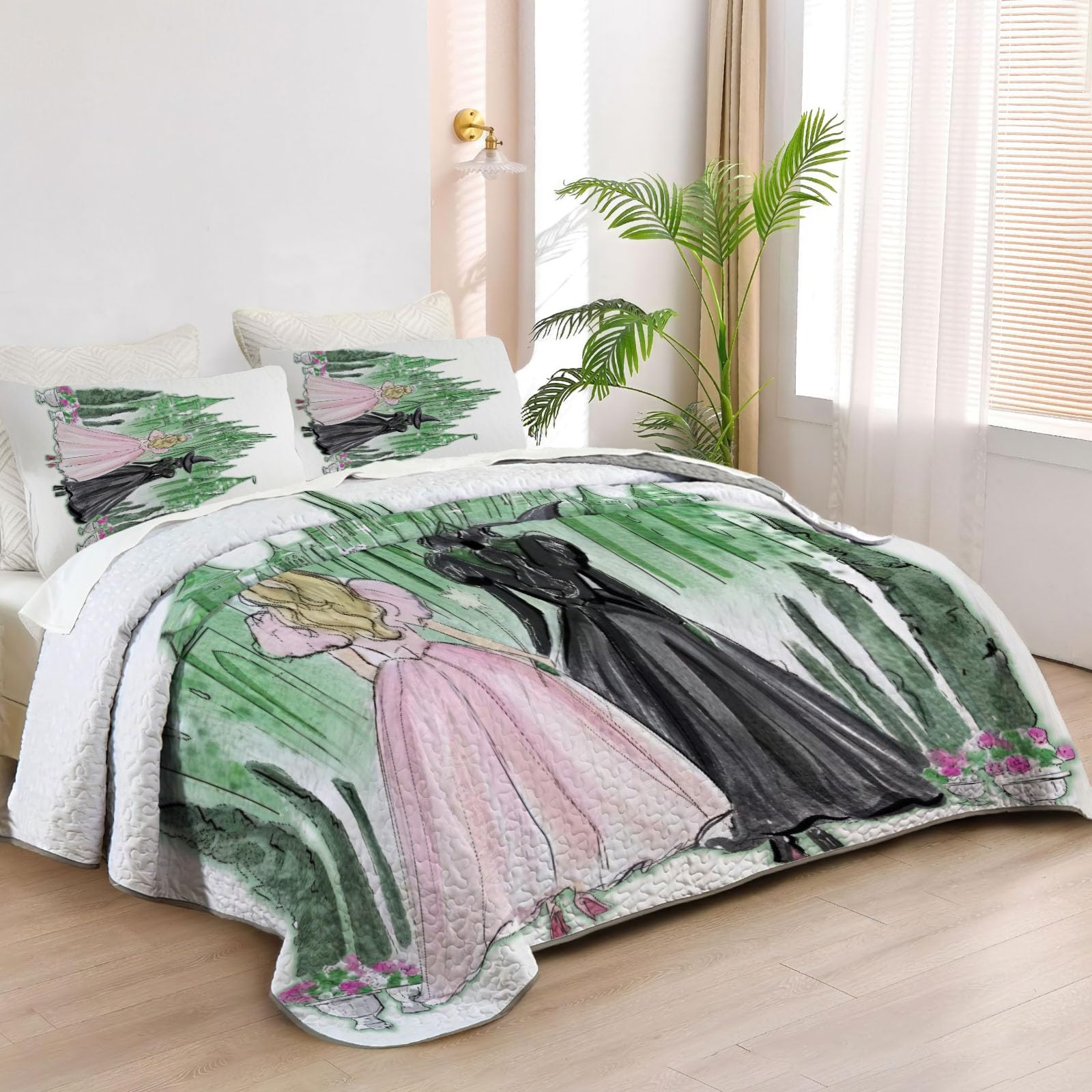 Allenjoy King Size Witch Quilt Bedspreads Girls Friendship Bed Set Bedding Coverlet Fabric Washable with 2 Pillow Shams SC00313-007