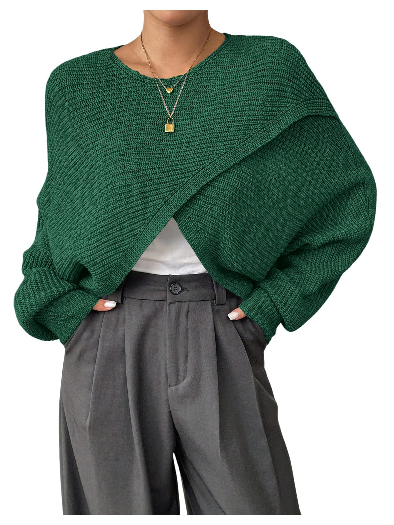 Verdusa Womens Lightweight Asymmetrical Wrap Fall Sweater Tops Old Money Puff Sleeve Cropped Sweaters Coat