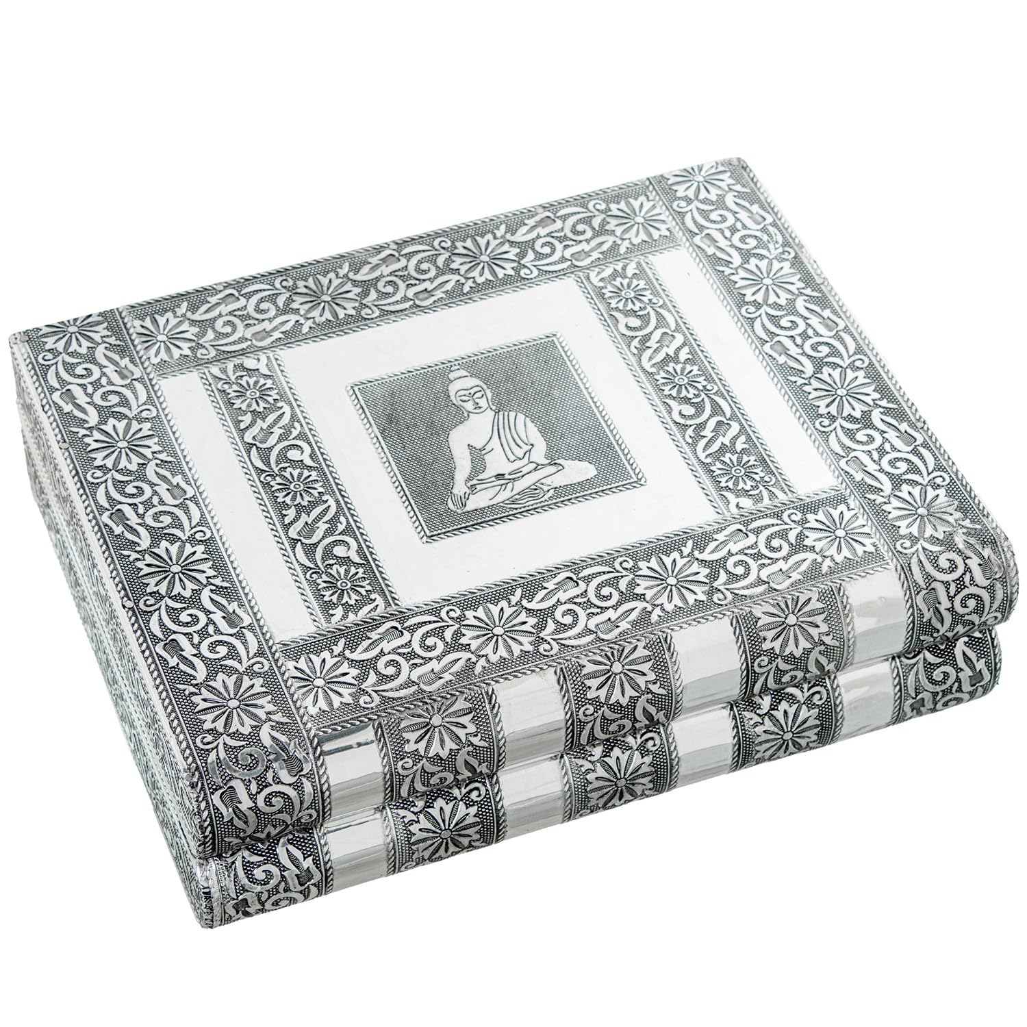 Boîte à bijoux métal Bouddha DRW coffret livre argenté avec miroir de style hindou