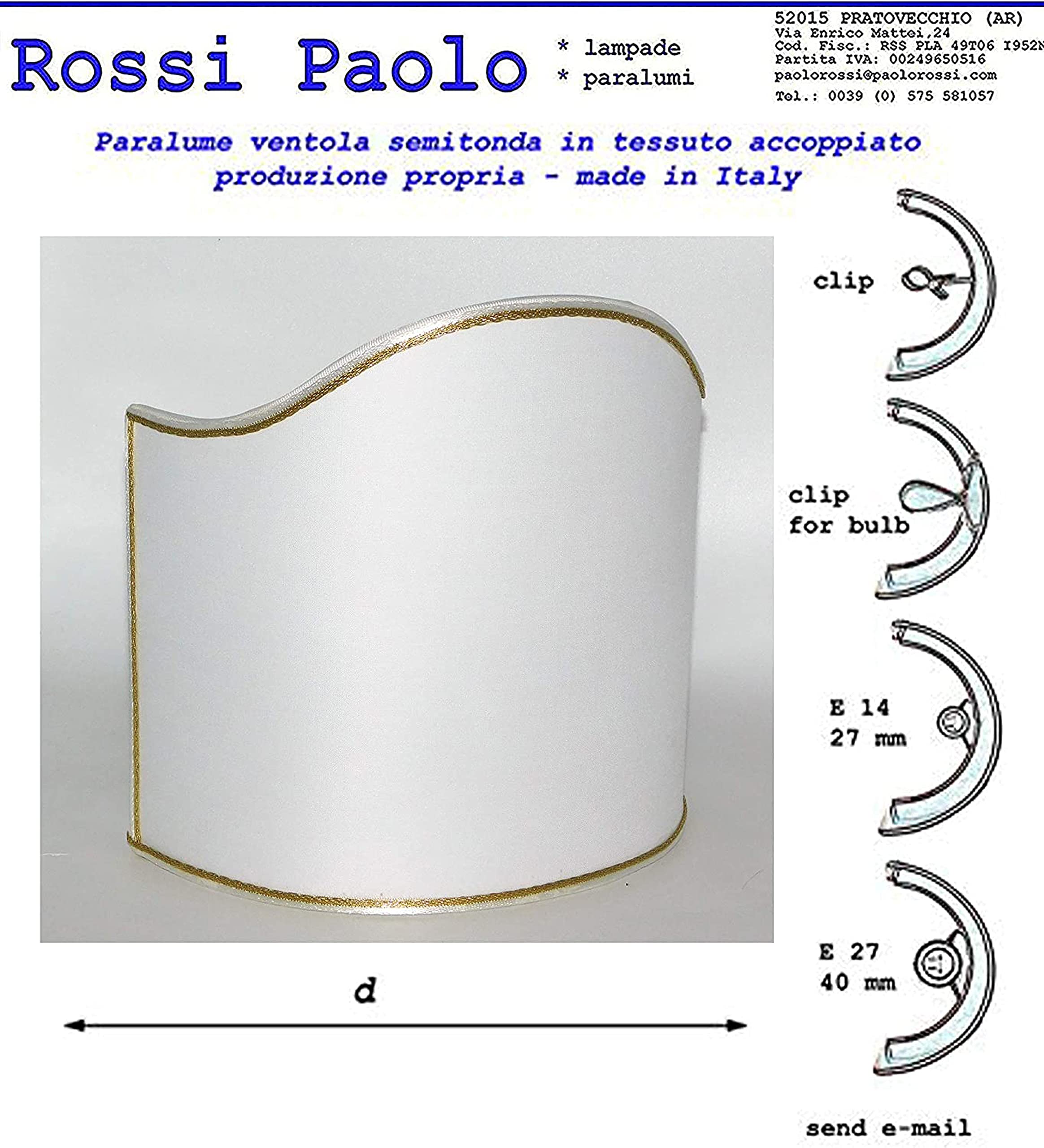 Paolo Rossi paralume mezza vela ventola veletta sagomata in tessuto con rifinitura oro dorata - produzione propria - made in Italy (bianco, diametro cm 45)