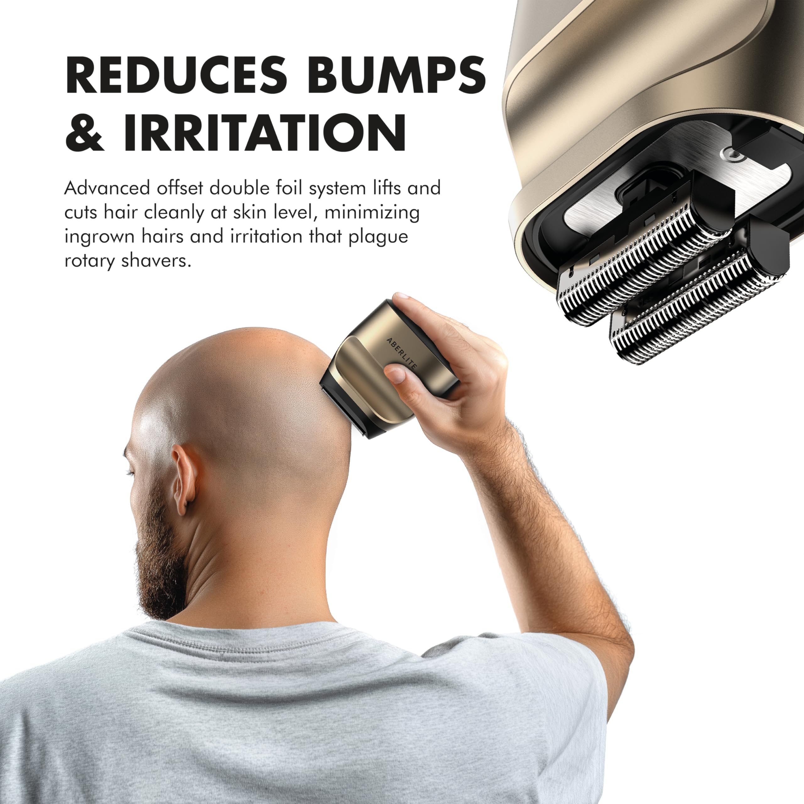 Aberlite Touch - Rasoio a 2 teste per uomini calvi, rasoio con lamina di finitura per testa e viso calvi, fogli ultra sottili da 0,05 mm per risultati lisci come rasoio, impugnatura ergonomica