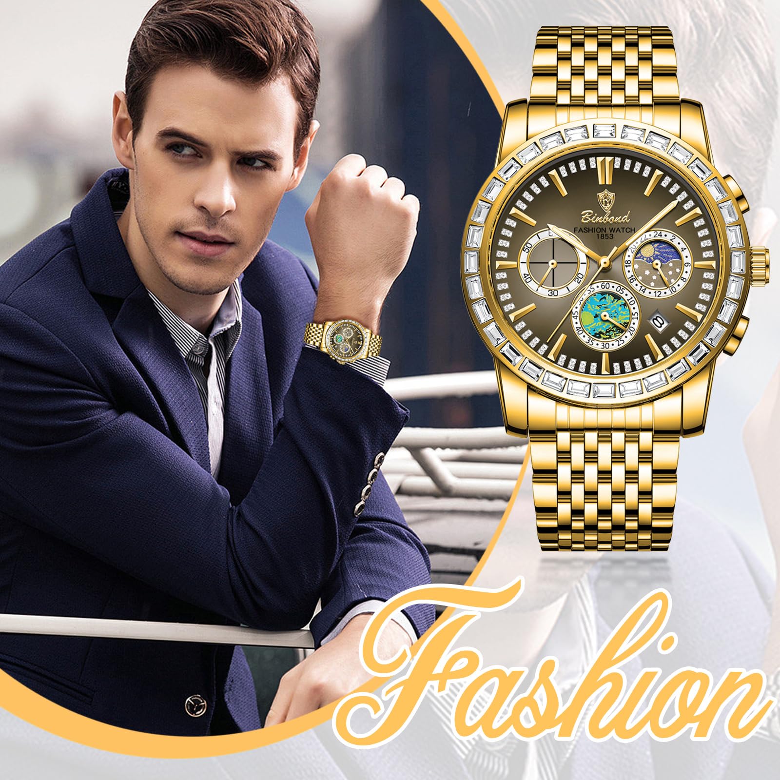 JewelryWe Zegarek męski, świecący zegarek chronografowy: 2 szt. 30 wodoszczelny kalendarz, analogowy, kwarcowy, męski, pasek ze stali nierdzewnej, wielofunkcyjny zegarek ze świecącymi wskazówkami