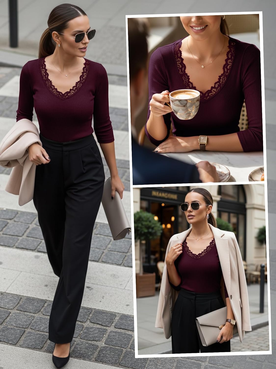 3/4 Length Sleeve Womens Tops Lace Sexy V Neck Ribbed Knit Fitted T Shirts Dressy Casual Blouses Going Out Tops - Image 5