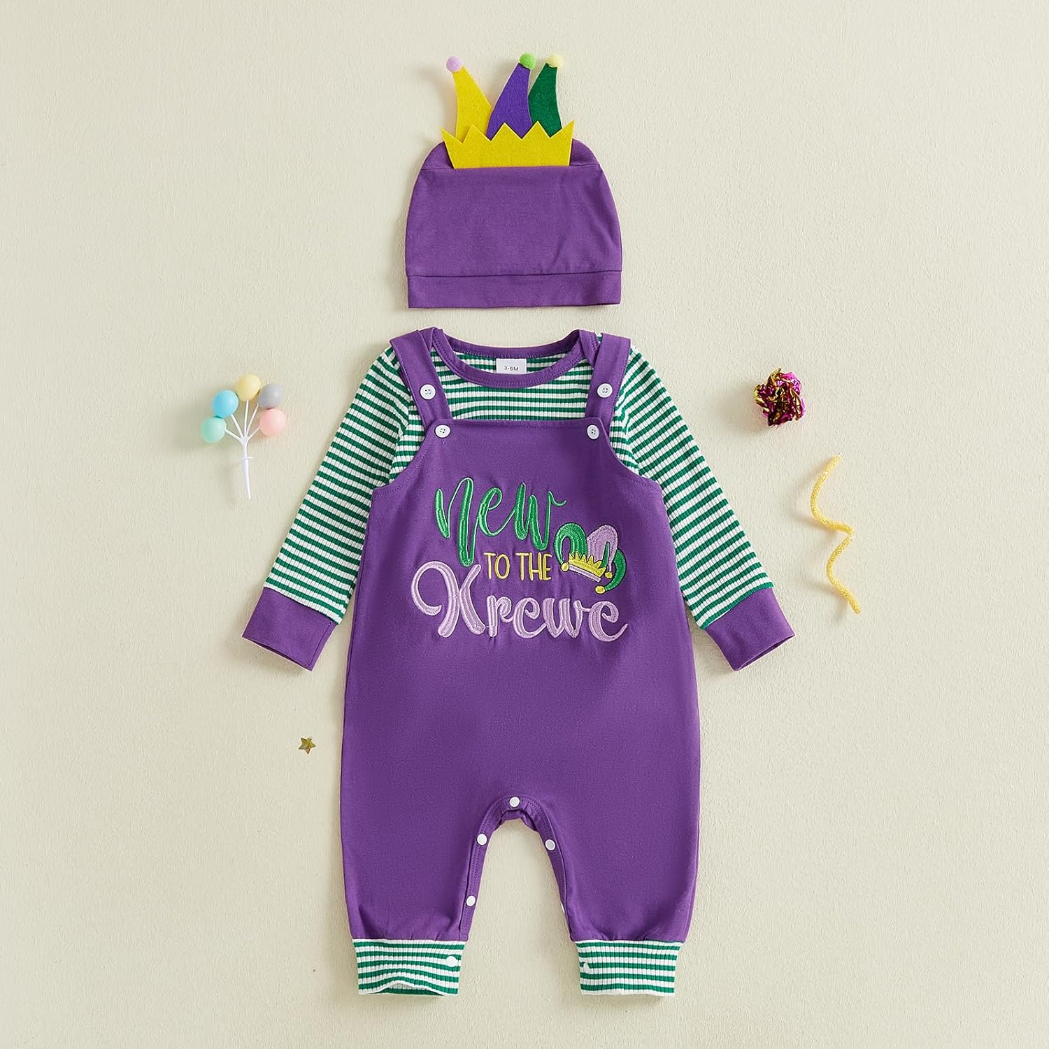 Newborn Baby Boy Valentines Outfit Stripe Long Sleeve Romper Letter Embroidery Suspender Pants Hat Clothes Set - Image 6