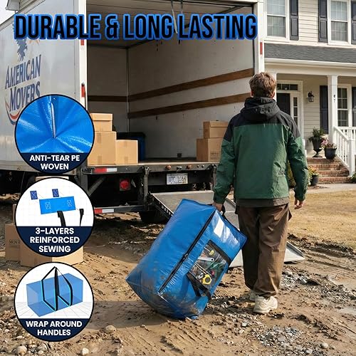 Miniatura 3 de TAILI - Bolsas de mudanza extra grandes, paquete de 4 bolsas azules resistentes para almacenamiento con ventana visible, asas envolventes,