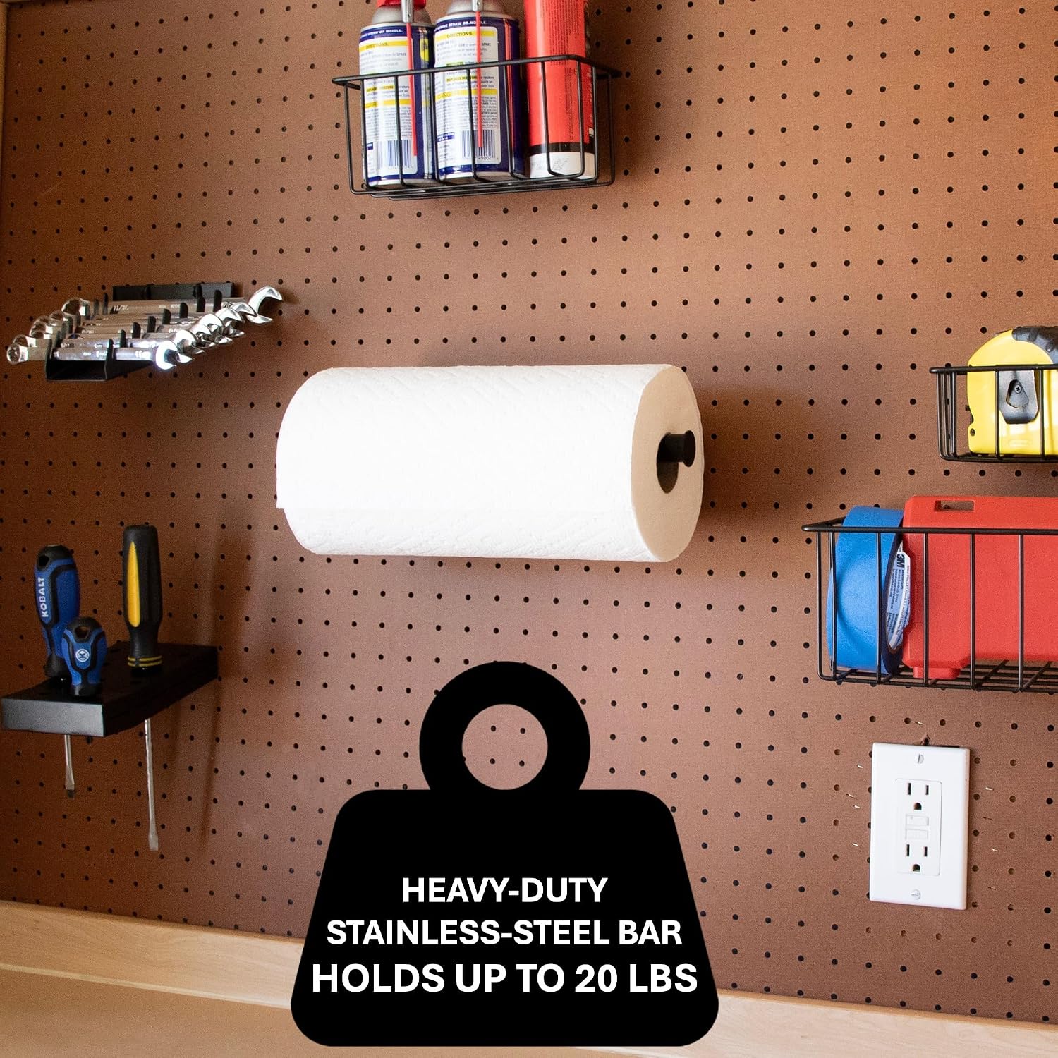 Pegboard Paper Towel Holder with Hooks, Peg Board Organizer Accessory