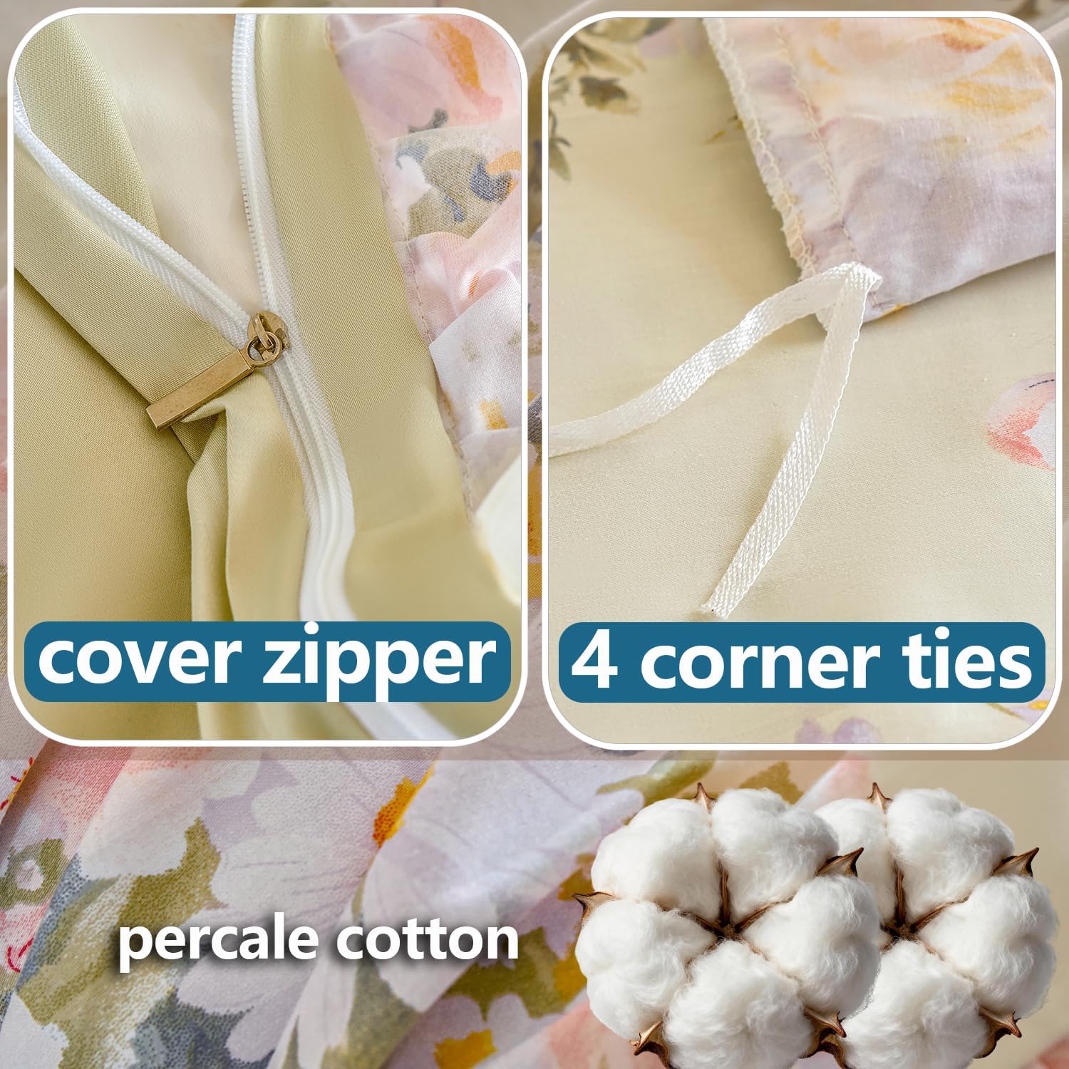 Ruffle Floral Duvet Cover Set 100% Cotton King Size, Shabby Blush Pink Cream Rose Comforter Cover, Satin Weave, Soft & Breathable, French Country Cottagecore Bedding 3Pcs-Not Comforter