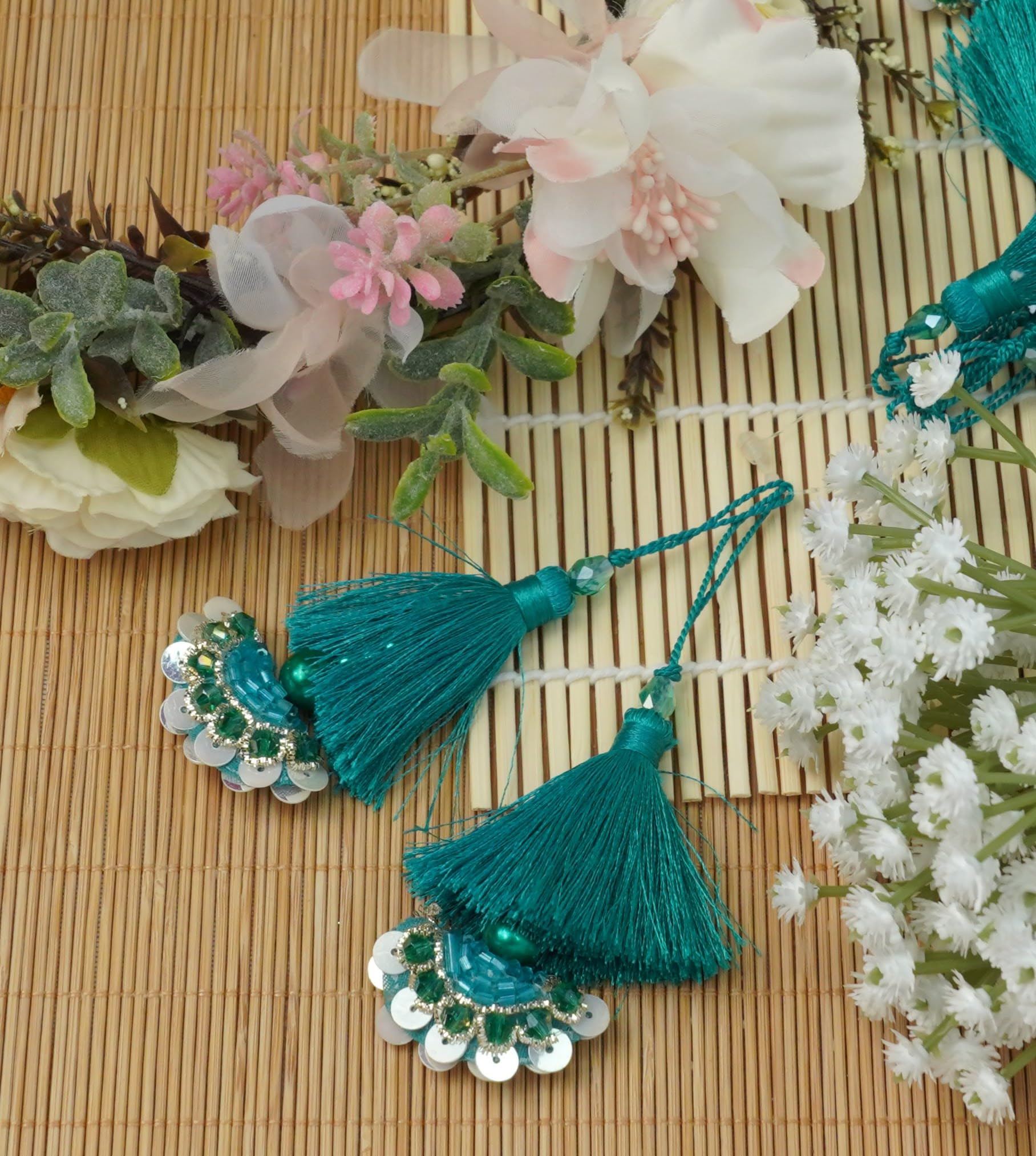 Feathers Creation Ltd Sew on Tassels garland for Curtain Edge Blouse Latkan Wedding Dress Tassel Sold per Pair 3.5 Inch Long (Turquoise)