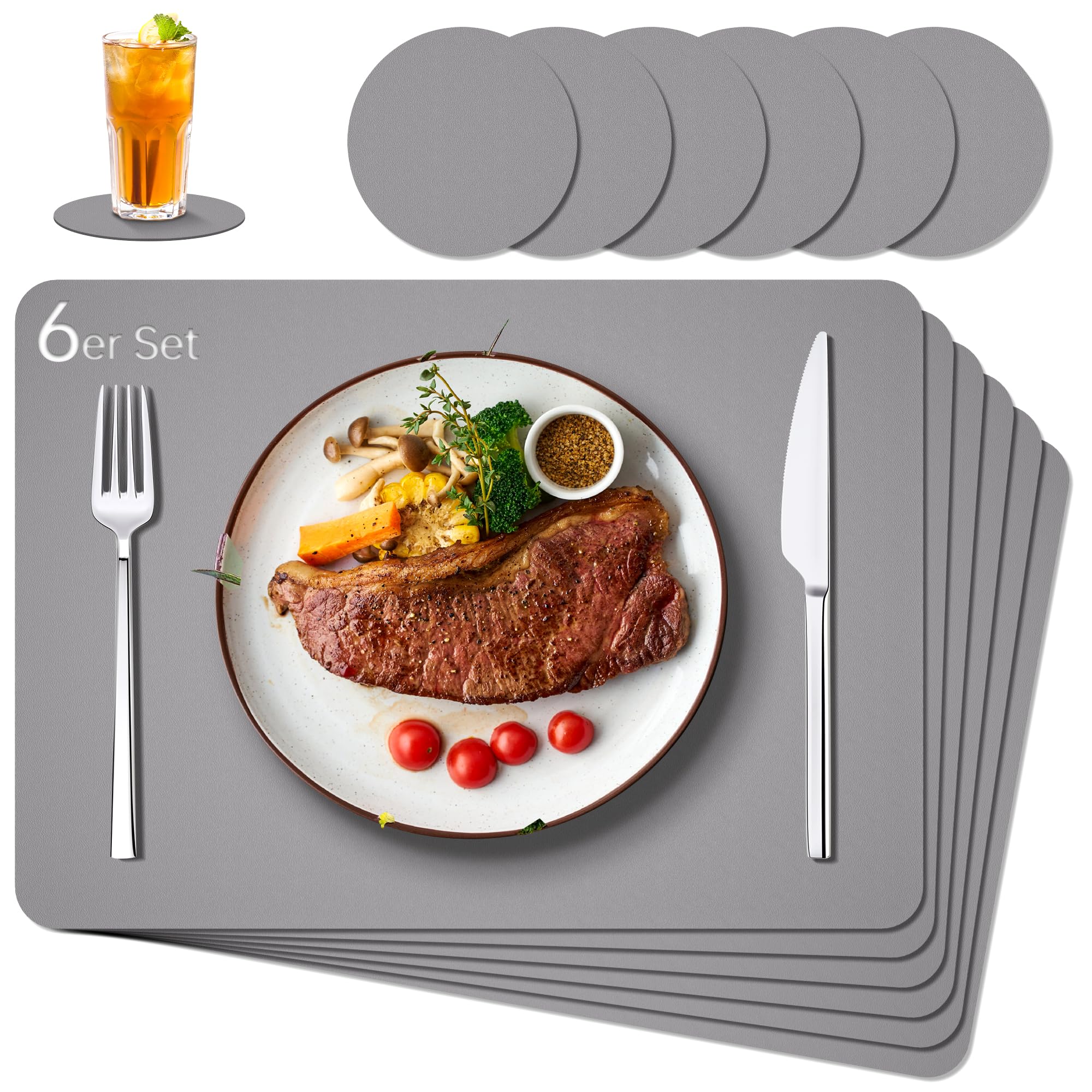 IKWOLETI Tischsets Abwaschbar mit Untersetzer - 6er Set Platzsets Abwaschbar aus Kunstleder - Doppelseitige Platzdeckchen in Lederoptik - Ideal für Küche und Büro Hellgrau