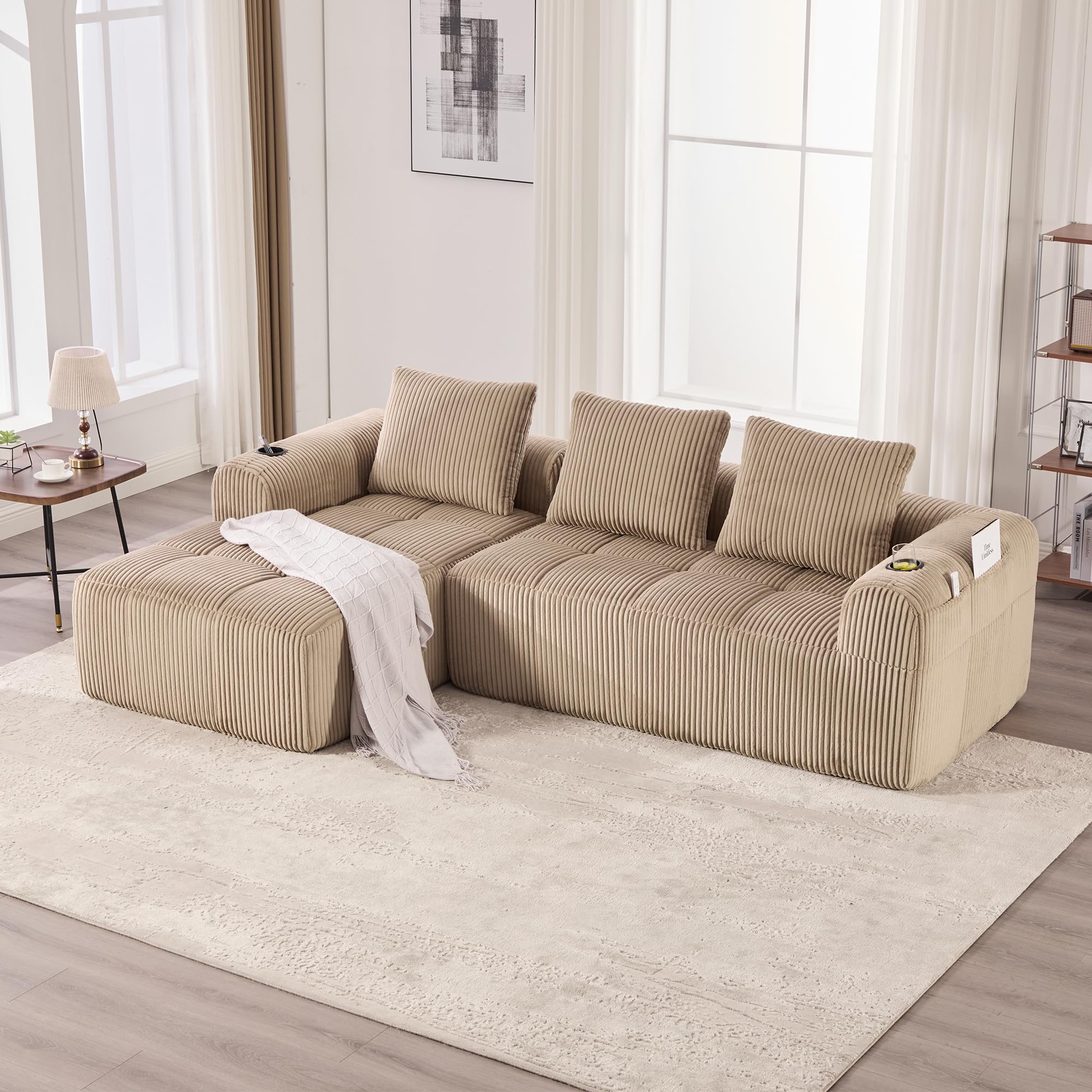 Soweiz Sofá compacto de pana – Sofá modular suave con bolsillo lateral y soporte para bebidas, comodidad para sentarse durante mucho tiempo, incluye 3 almohadas. Para salón, estudio y más (caqui)
