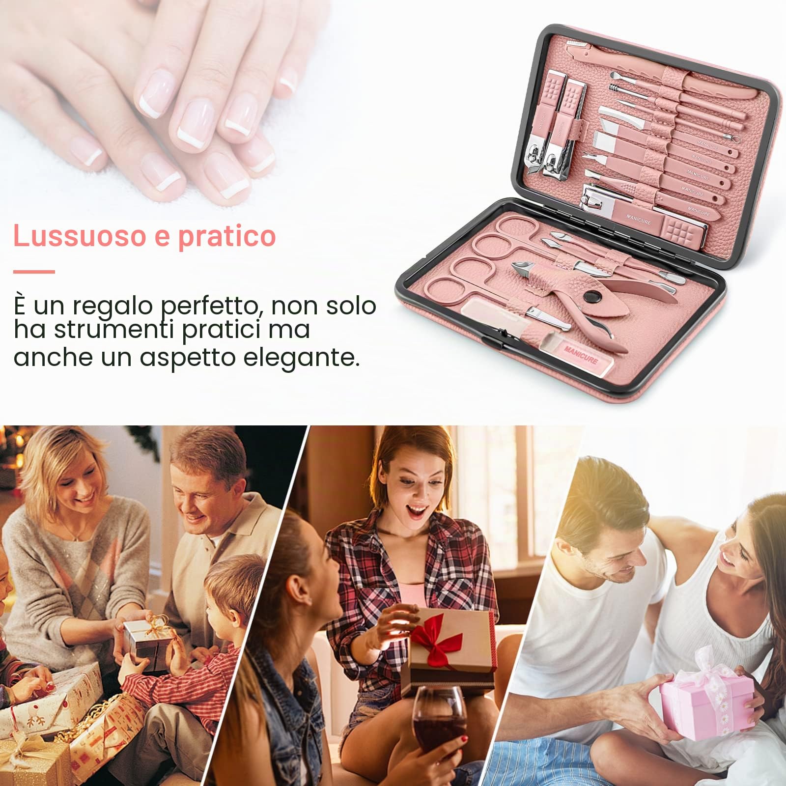 Tagliaunghie Set Professionale - Grooming Kit Strumenti per Manicure e Pedicure 18pcs con Lussuosa Custodia da Viaggio in Pelle (Rosa)