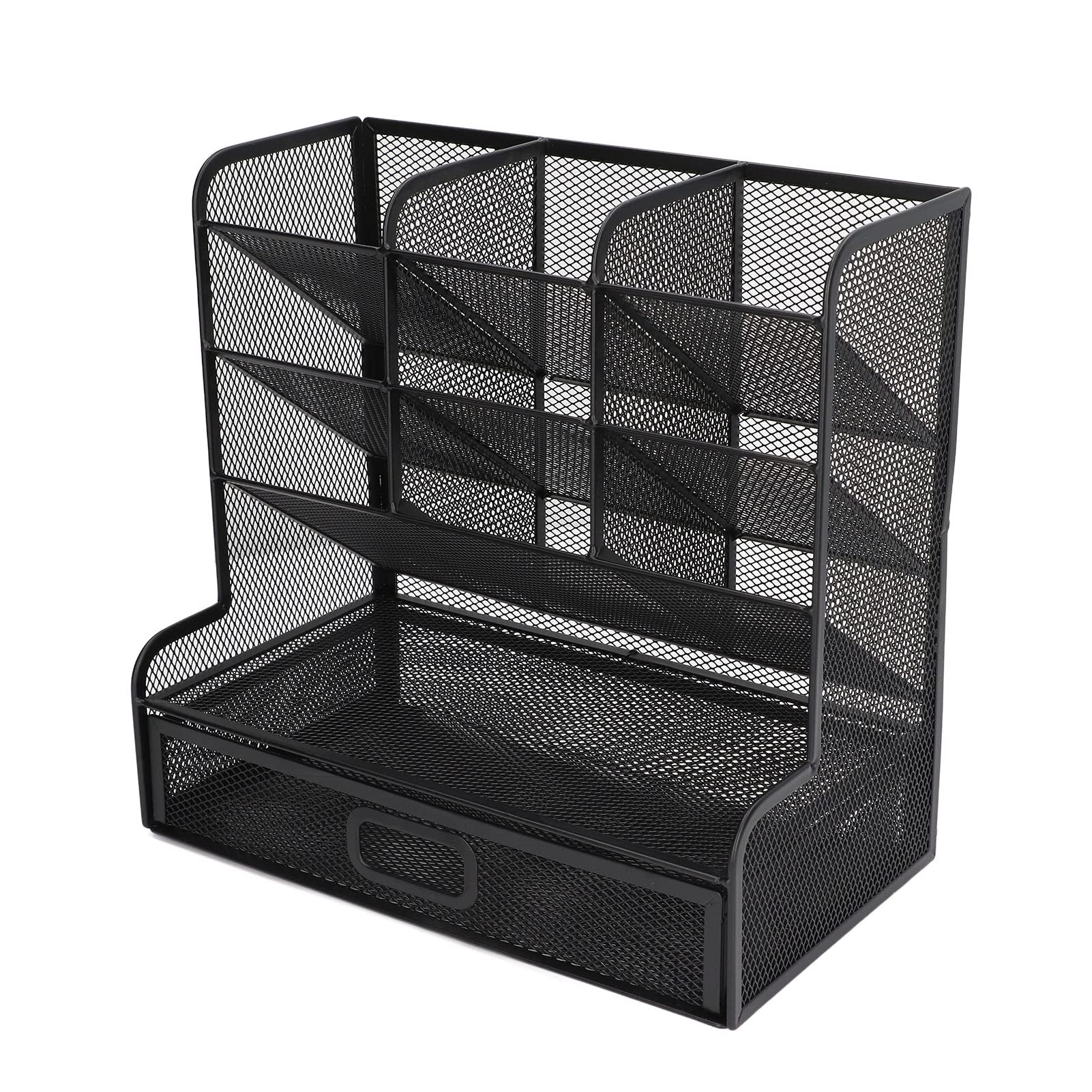 Muiltvoe Mesh Pen Organizer Pencil Holder Desk Organizer 9 Compartments 45° Tilt Design with Bottom Drawer for Office School Art Supplies Storage