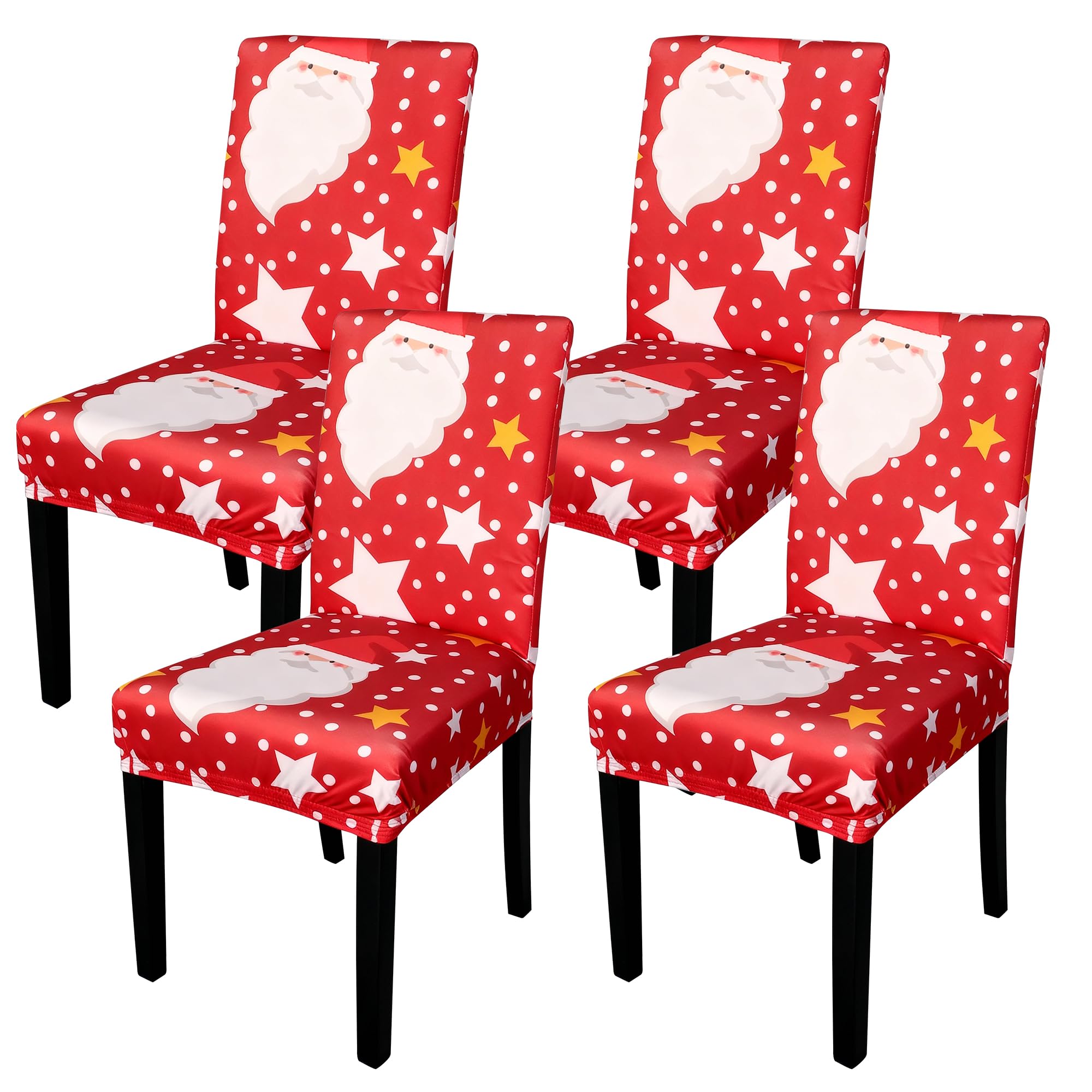 Printed High-Back Chair Covers for Dining Room Chairs Spandex Stretch, Universal Armless Chair Protective Slipcover for Kitchen, Party, Banquet & Hotel, Santa Claus & Snowflakes - Red, Pack of 4