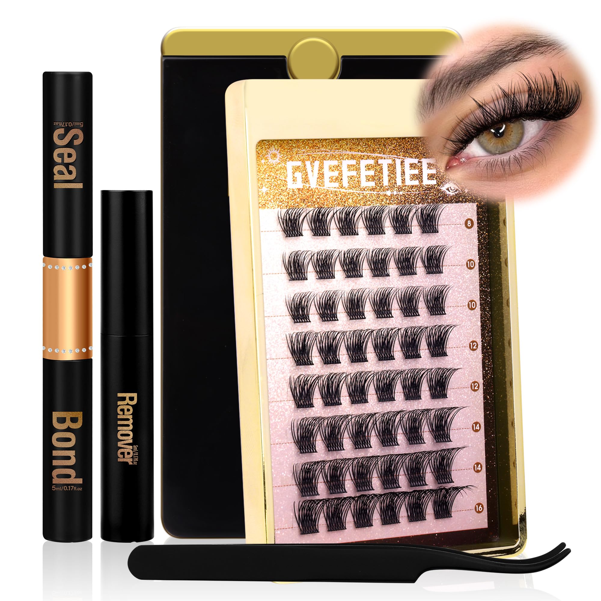 Eyelash Extension Kit DIY Lash Extensions Kit Cluster Lashes Individual Lashes 48Pcs Clusters with Lash Bond and Seal and Lash Remover 360°Reversible Mirror Box DIY Lash Extension Kit (CC;8-16MM)