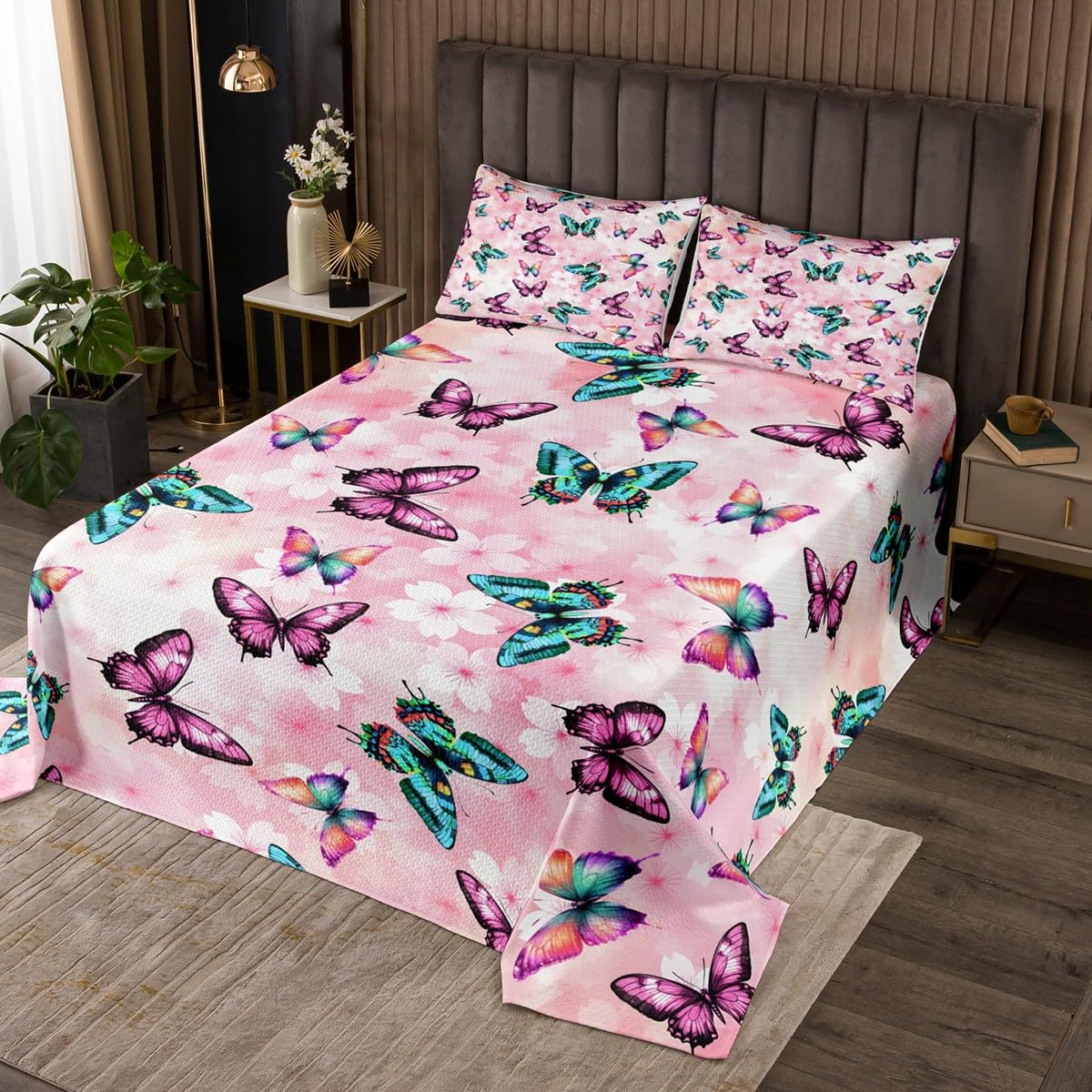 jejeloiu Kids Butterfly Coverlet Set King Size, Butterflies Print Quilted Coverlet Butterfly Floral Bedspread Boys Girls Teens Bedroom Decor 3Pcs