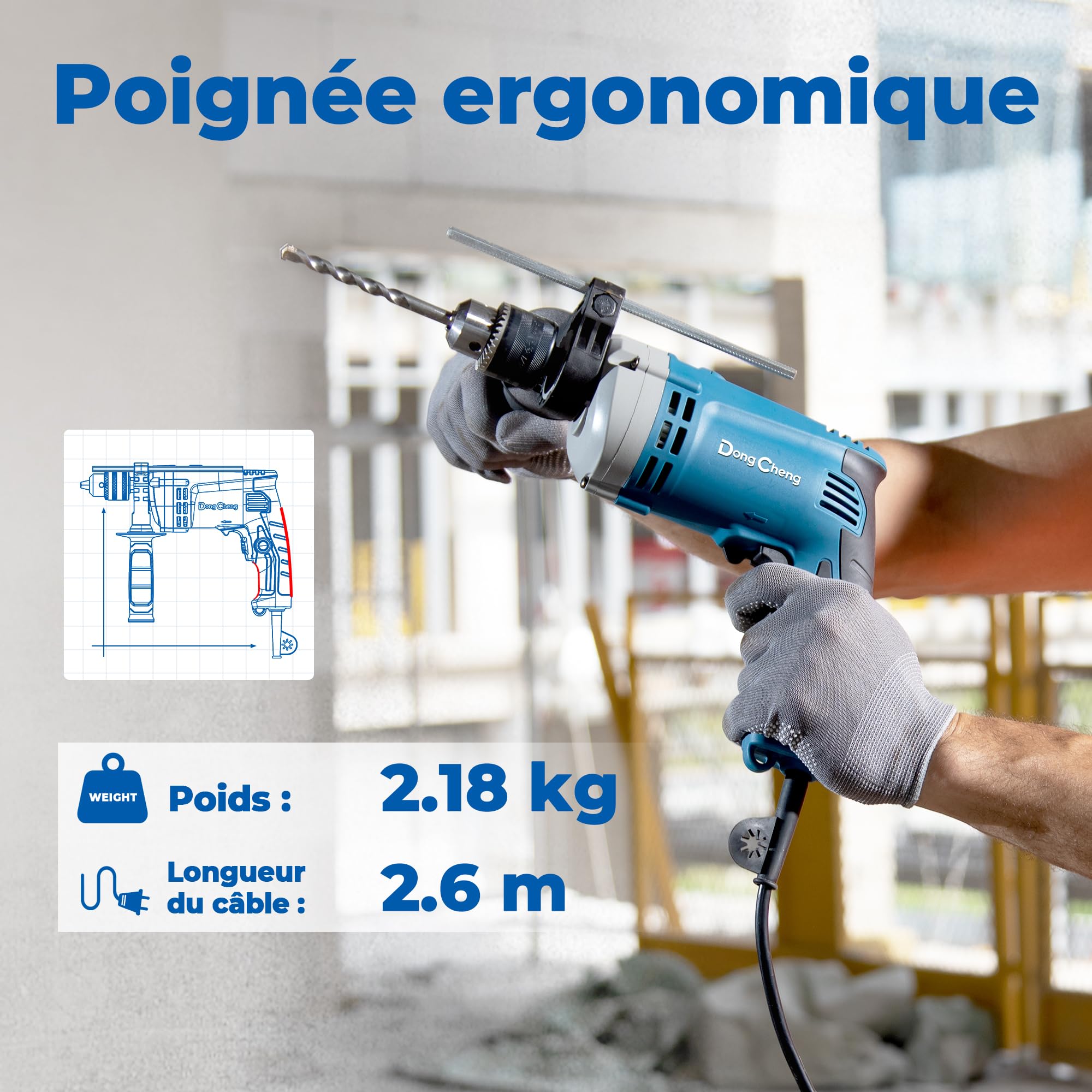 DongCheng Perceuse à percussion Marteau perforateur 710W 13mm mandrin 45000 IPM 3000 RPM 15 couronnes perçage métal bois béton