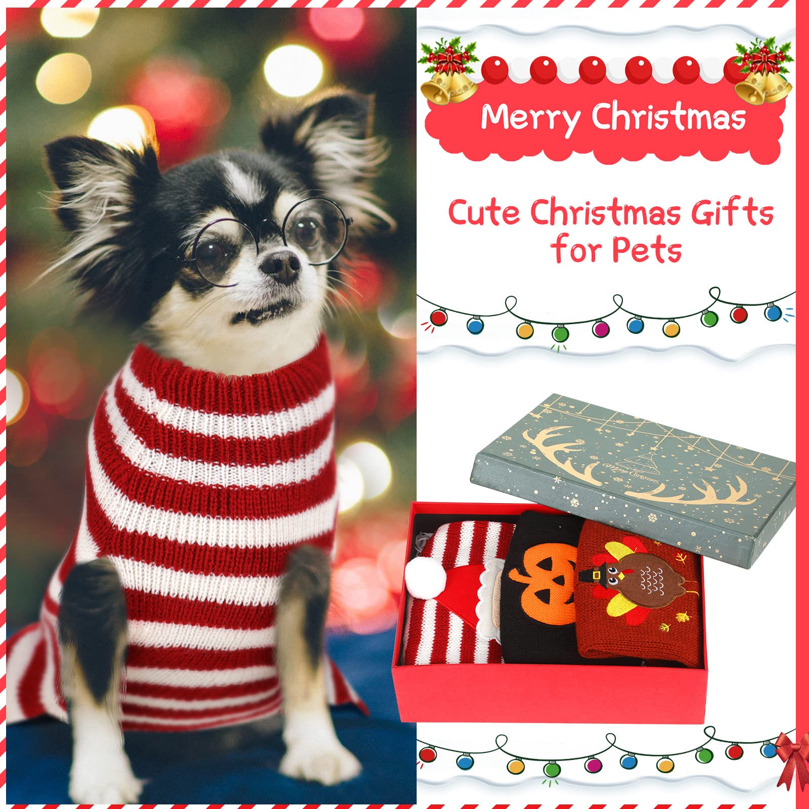 Set di 3 maglioni per cani di Halloween, Ringraziamento, Natale, zucca, tacchino, Babbo Natale, cucciolo, abbigliamento per animali domestici, per cani, gatti, animali domestici, taglia L