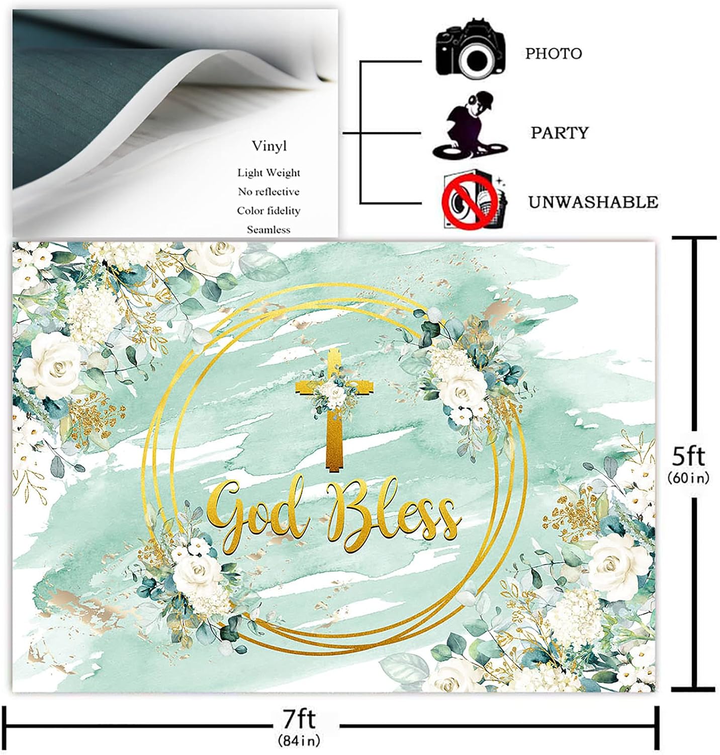Avezano 7x5ft God Bless Backdrop for Girls First Communion Baptism Christening Party Decoration White Floral and Green Gold Eucalyptus Leaves God Bless Party Photography Background Photoshoot