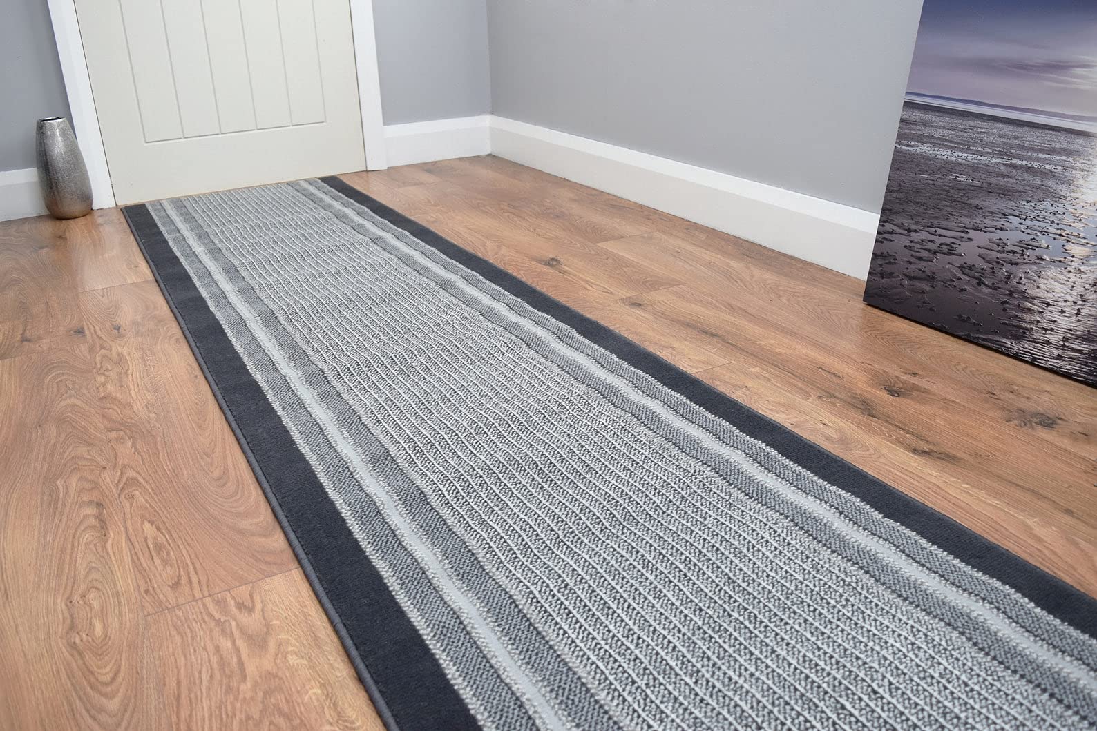 SrS Rugs® Luna Collection, Modern Long Carpet Runner Rug for Entrance Hall and Stairs. Smooth Soft 8mm Depth Pile. 70cm Wide. Any length (Grey Borders Stripe, Length: 5' (152cm)) — image 1