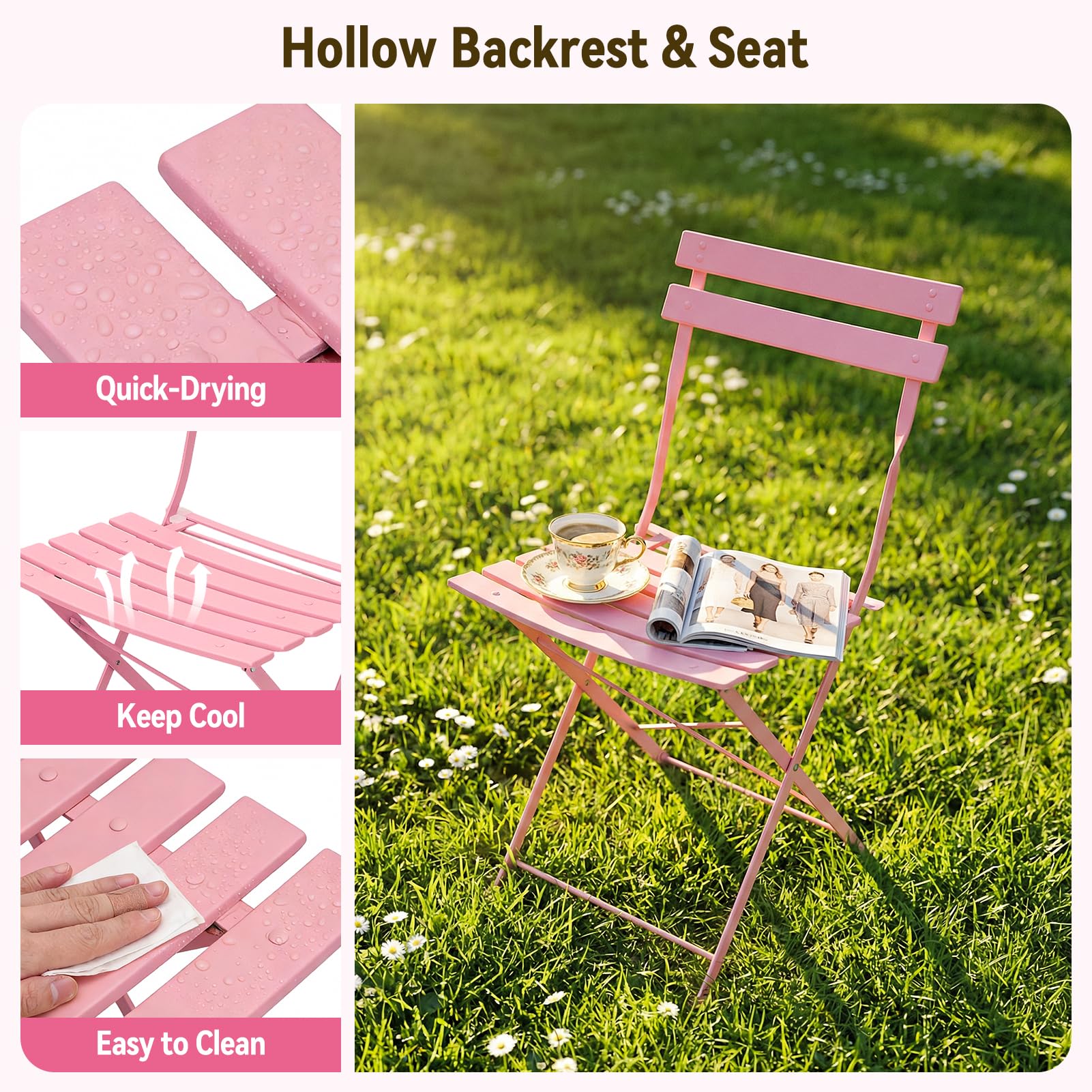 Warmiehomy 3 Piece Folding Bistro Set, Metal Outdoor Table and Chairs Set 2 with Anti-Slip Feet, Space Saving Conversation Patio Furniture for Balcony, Garden, Yard, Lawn, Café, No Assembly, Pink - 5
