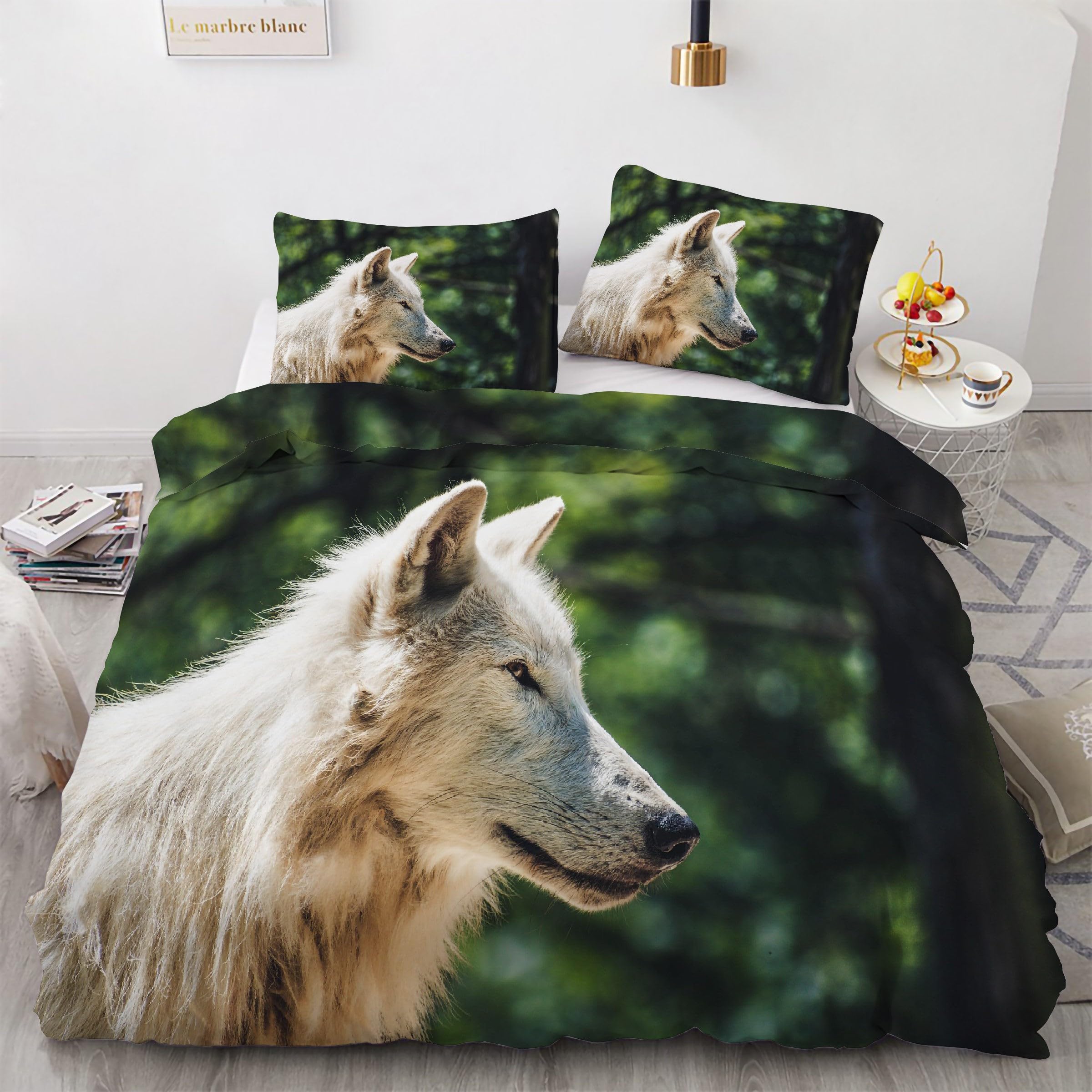Parure de lit loup arctique 160x200 cm avec housse de couette microfibre et 2 taies