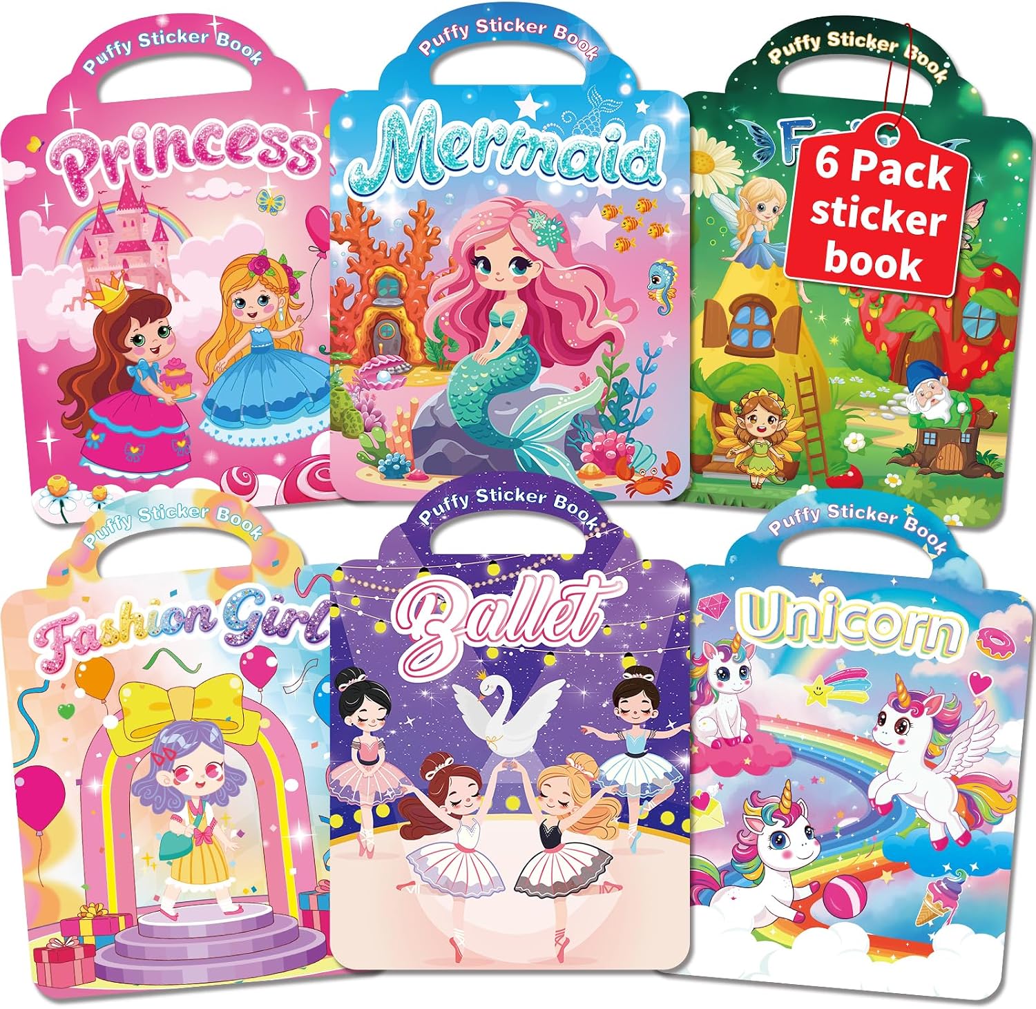 Kalysky 6 Sets Reusable Sticker Book for Toddlers 2-4 1-3 | Puffy Sticker, Princess, Unicorn, Mermaid, Ballet, Fairy & Fashion Girls, Travel Activity Sticker Books for Girls