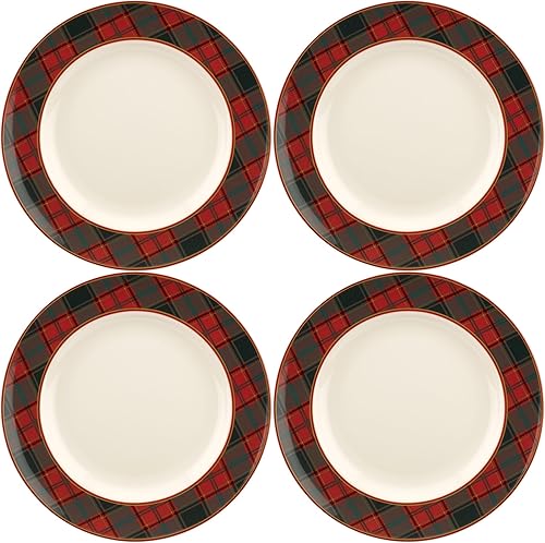 Spode Plato de cena de tartán de árbol de Navidad (juego de 4) – Vajilla festiva de 10.5 pulgadas, platos coloridos de Navidad, borde a cuadros de