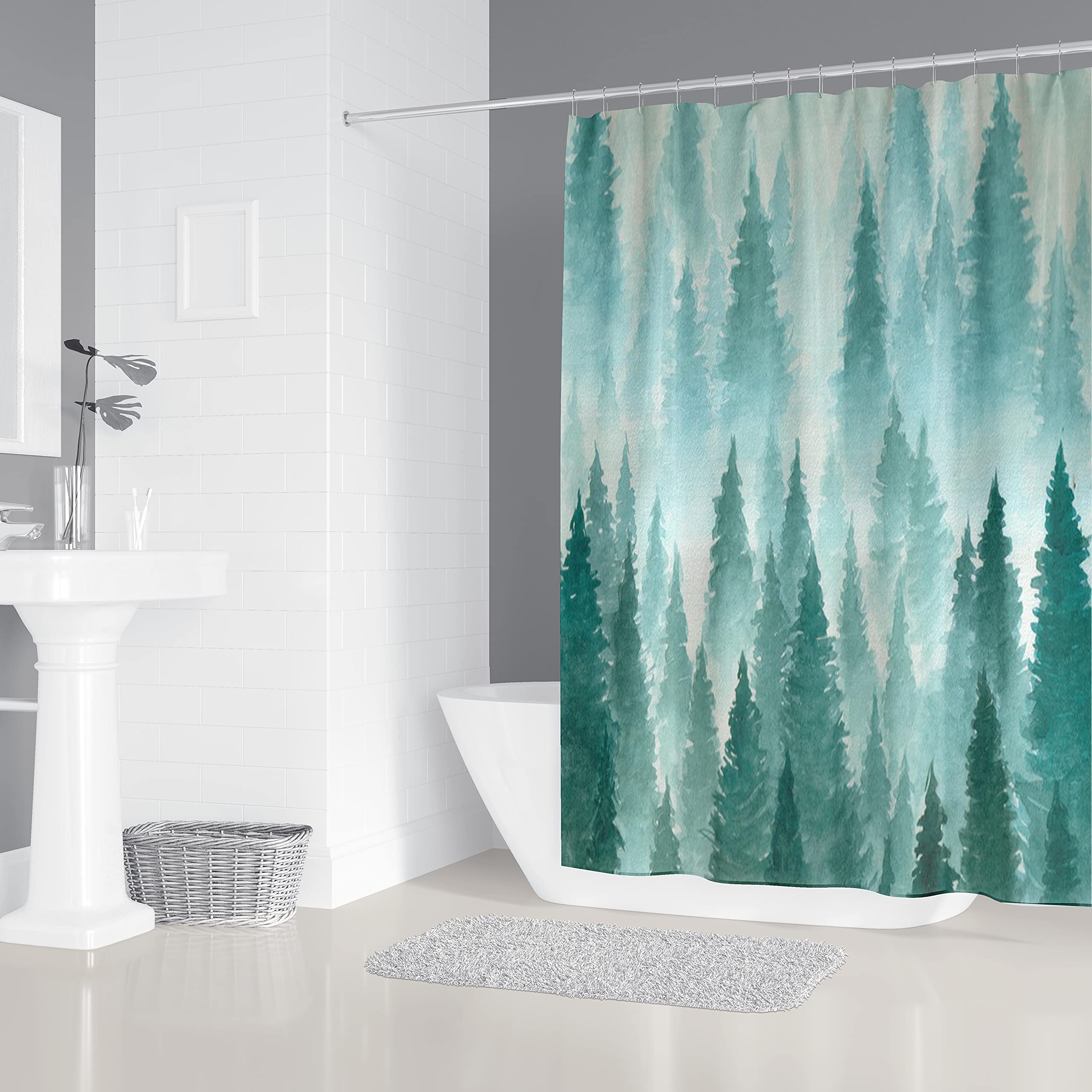 M&W DAS DESIGN Shower Curtain Forest in Fog Tree Textile Mystical Green Blue Green Nature Peace Mountains Landscape Curtain Mildew Resistant ColourResistant Includes 12 CRings Bottom Weight 180 x - Image 2