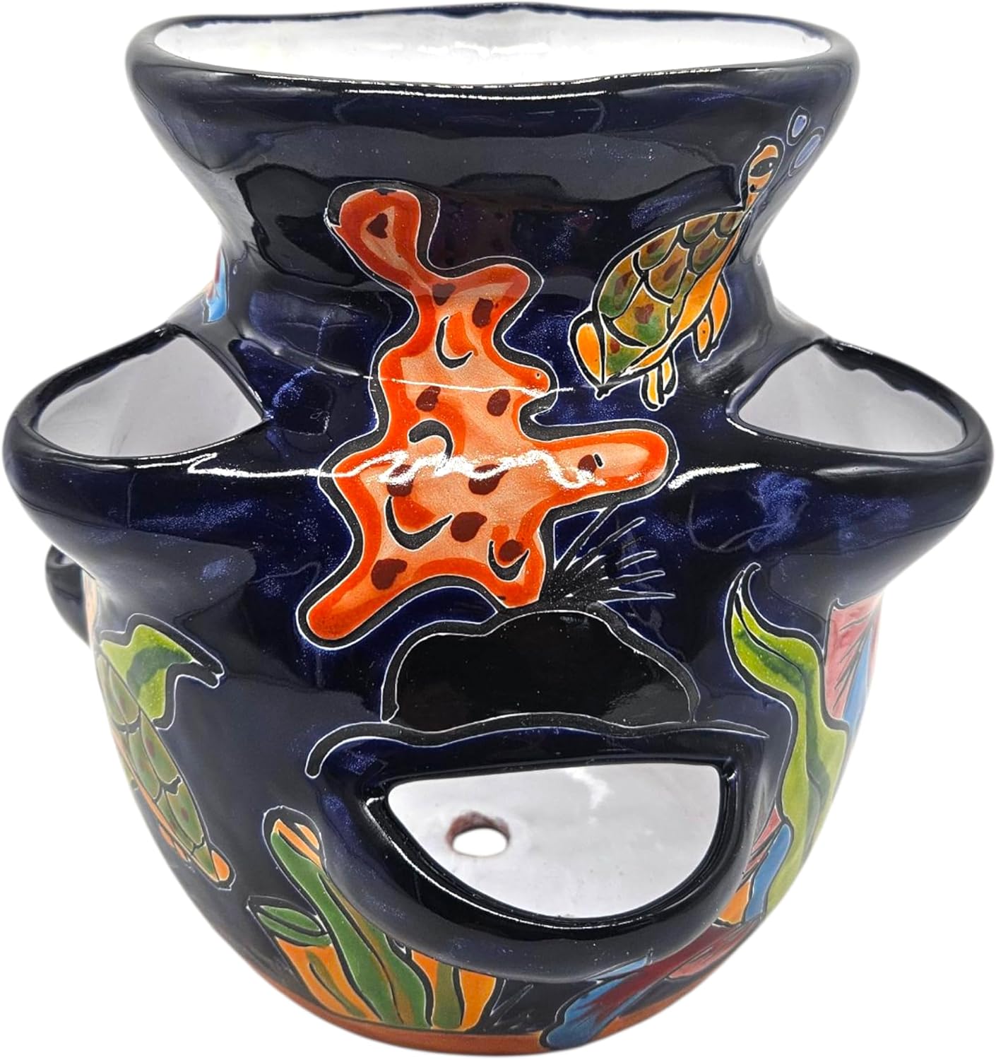 Strawberry Planter Medium Hand Painted Pot Indoor Outdoor Multi Colored Figure Glazed Dark Blue Fish