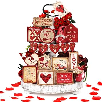 Nitial 20 Pcs Valentines Tiered Tray Decor Farmhouse Gnome Heart Wooden Table Sign Rustic Romantic Decorative Table Home Centerpieces for Valentines Kitchen Decor