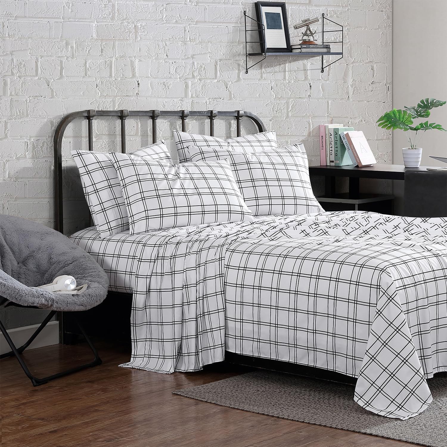 Perry Ellis Portfolio - Sheet Set, Wrinkle Resistant Bedding with Matching Pillowcases, Lightweight & Breathable Sheets, Dorm Room Essentials, Plaid Home Decor (Malo White/Black, King)