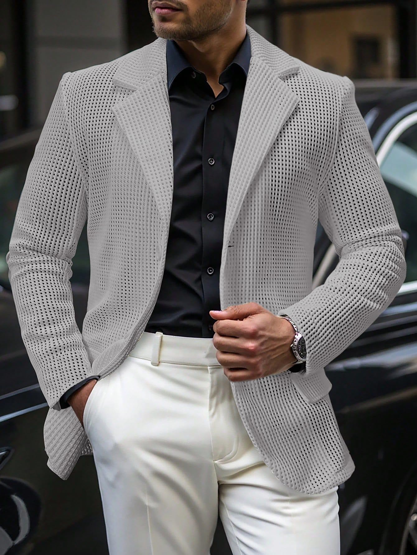 Blazer de Malla para Hombre, Ligero Y Transpirable, Chaqueta Verano, Elegante E Informal, Corte Ajustado, Estilo Deportivo, Mangas Largas, Solapa con Muesca, 2 Botones, Chaqueta Traje para