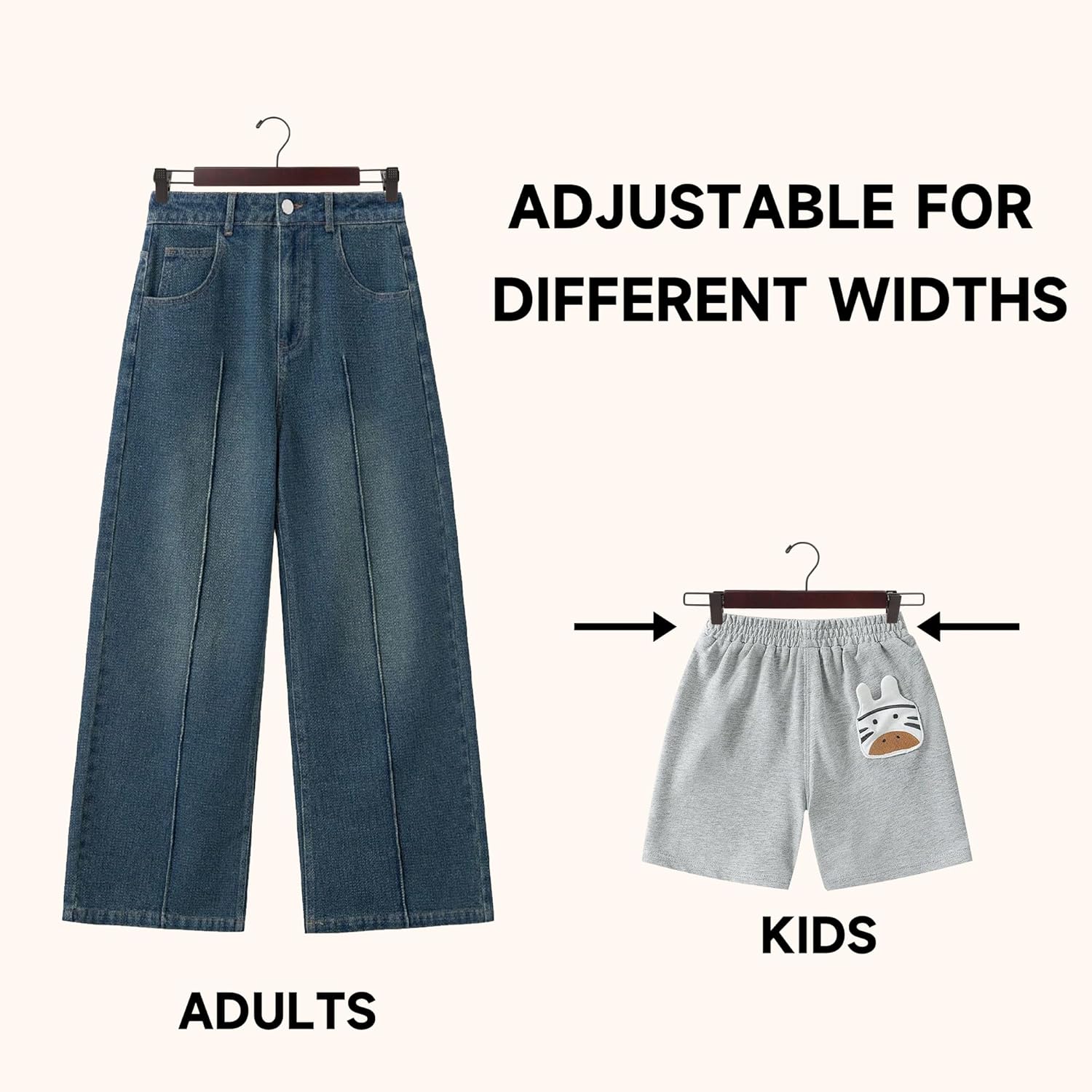 Premium Wooden Pants Hangers, Solid Wood Skirt Bottom Hangers with Adjustable Non-Slip Clips, 360° Swivel Hook, Space-Saving for Slacks, Trousers, Shorts, Jeans