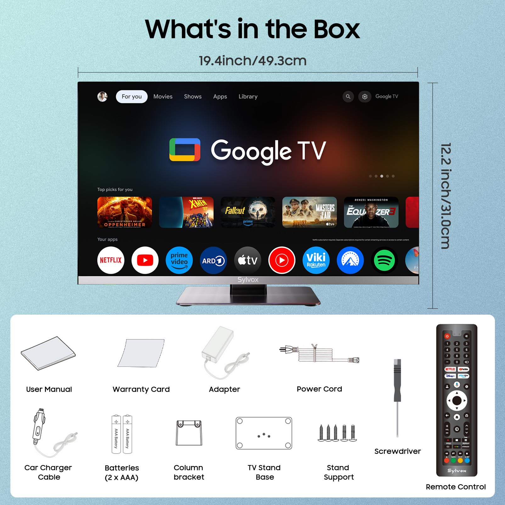 SYLVOX 22-inch RV TV, 1080P FHD Smart Google TV, 12V/24V DC & AC Power, with Built-in DVD Player for Truck RV Boat, Waterproof Remote, 9-32V Wide Voltage Shock-Resistant Design