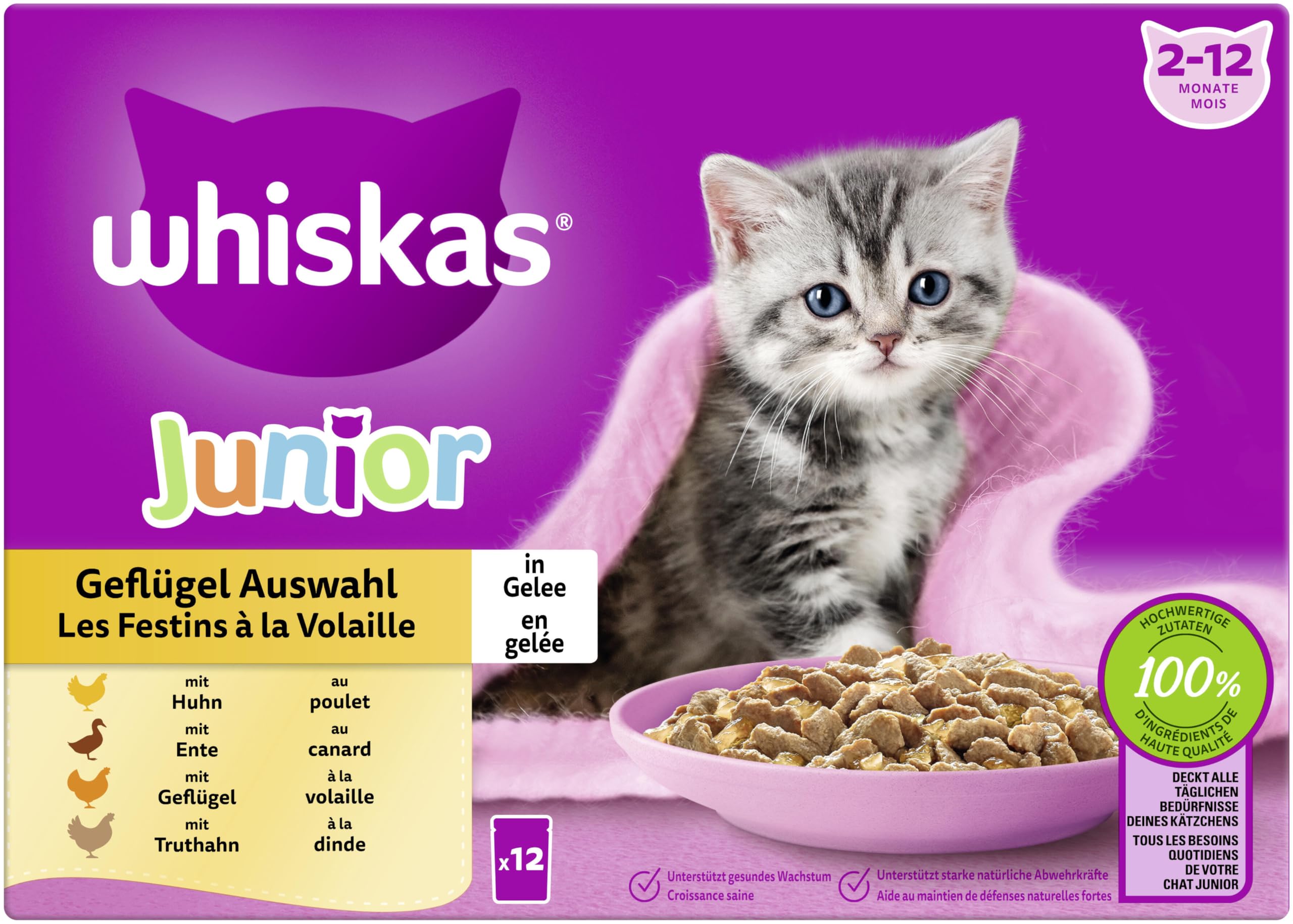 WHISKAS Junior Nassfutter Portionsbeutel Multipack, Geflügelauswahl in Gelee, 12 x 85g