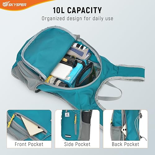 Vista 2 de SKYSPER Mochila de senderismo pequeña plegable de 10 litros, plegable, ligera, para senderismo, viaje, para mujeres y hombres Cian