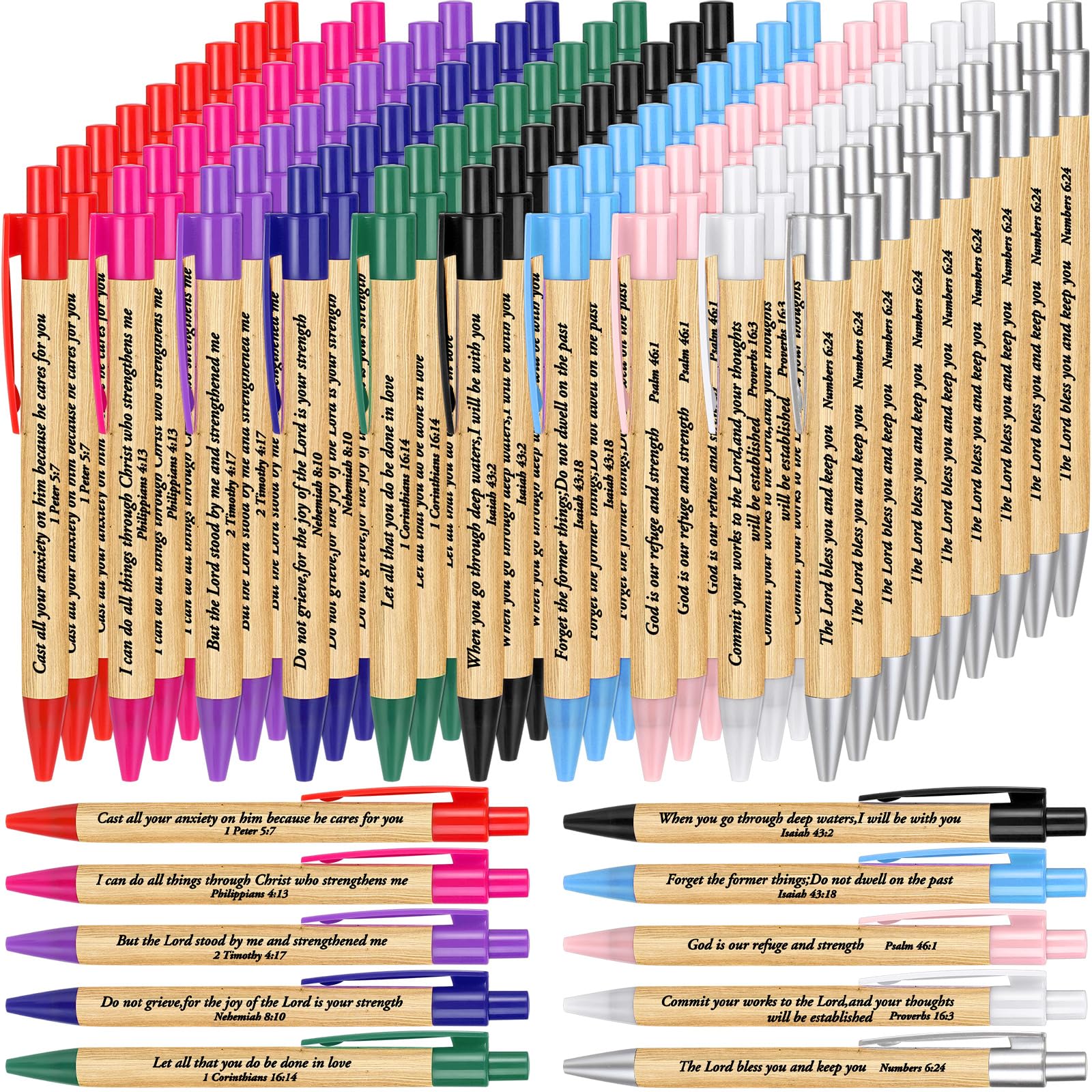 Cholemy 100 Pcs Christian Bible Verse Ink Pens Bamboo Christian Pens Bulk Wooden Inspirational Ballpoint Religious Gifts for Women Colleague Pastor