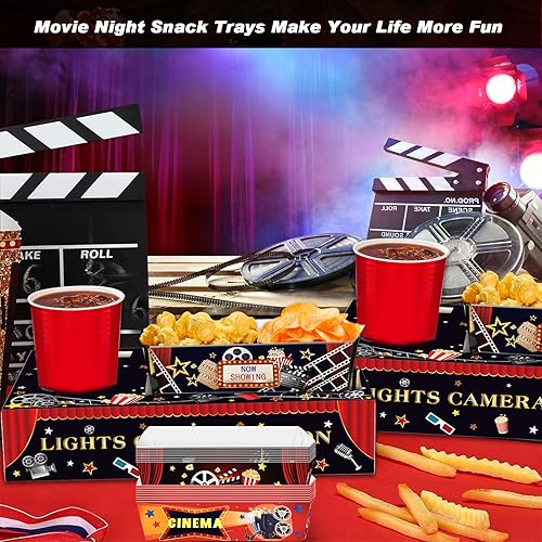 Miniatura 8 de 48 unidades de suministros para fiestas nocturnas de películas, bandejas de aperitivos con bandejas de papel para alimentos, bandejas desechables
