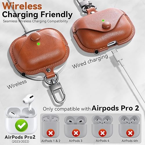 Miniatura 5 de Funda de cuero para Airpods Pro 2, TNSNK para AirPods Pro 2, funda con llavero y kit de limpieza, funda protectora de cuero con carga inalámbrica