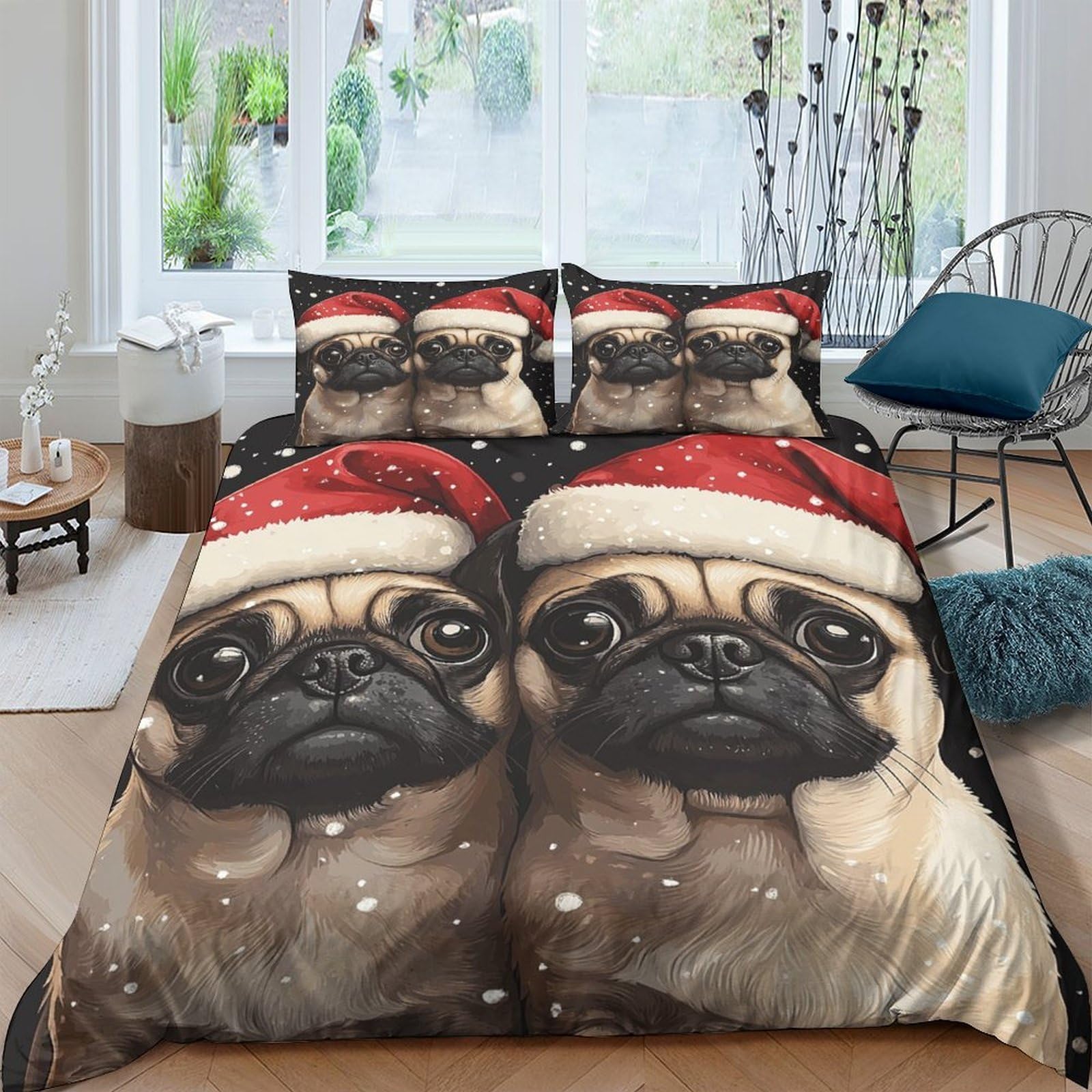 Ctjqhvkz Style-6 3D Printed Christmas Pug Fitted Sheet Microfiber Soft Santa Hat Bed Cover For Bedroom Dorm Mattress Protection Decor Single（135X200cm）