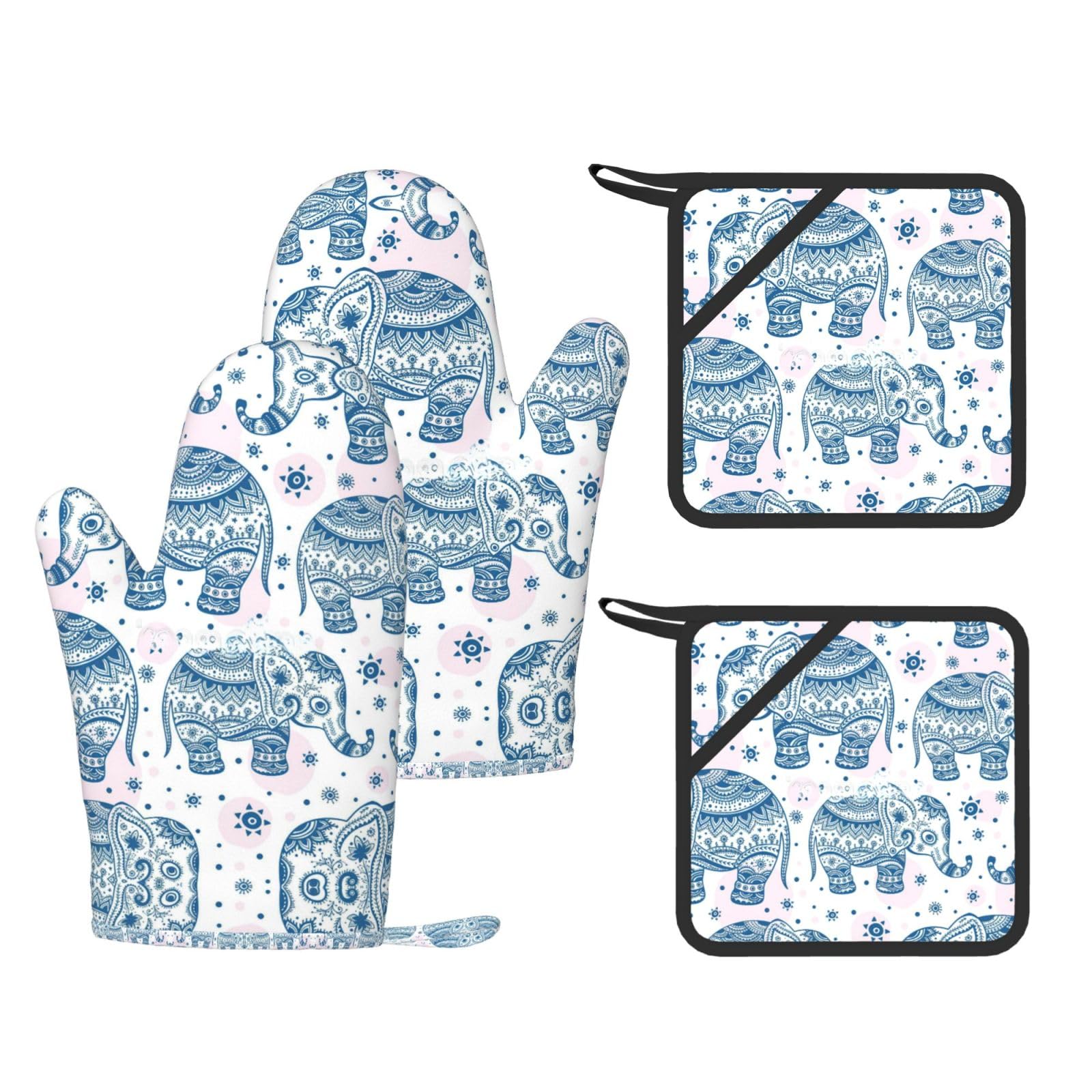 Boho Elephant Printed Oven Mitts with Pocket and Hot Pads, Silicone Non-Slip Kitchen Gloves for Baking BBQ