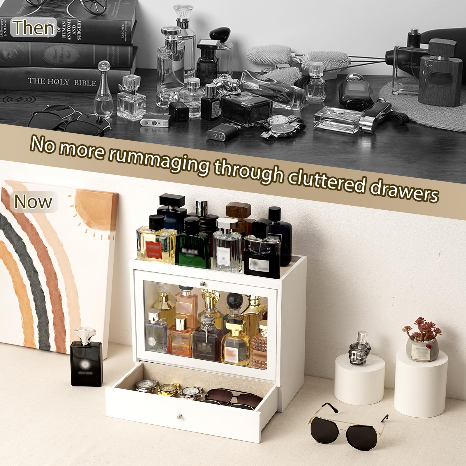Soporte de colonia, organizador de perfume de madera maciza para hombre, organizador de perfume a prueba de polvo de gran capacidad con cajón de almacenamiento de perfumes, joyas y cosméticos